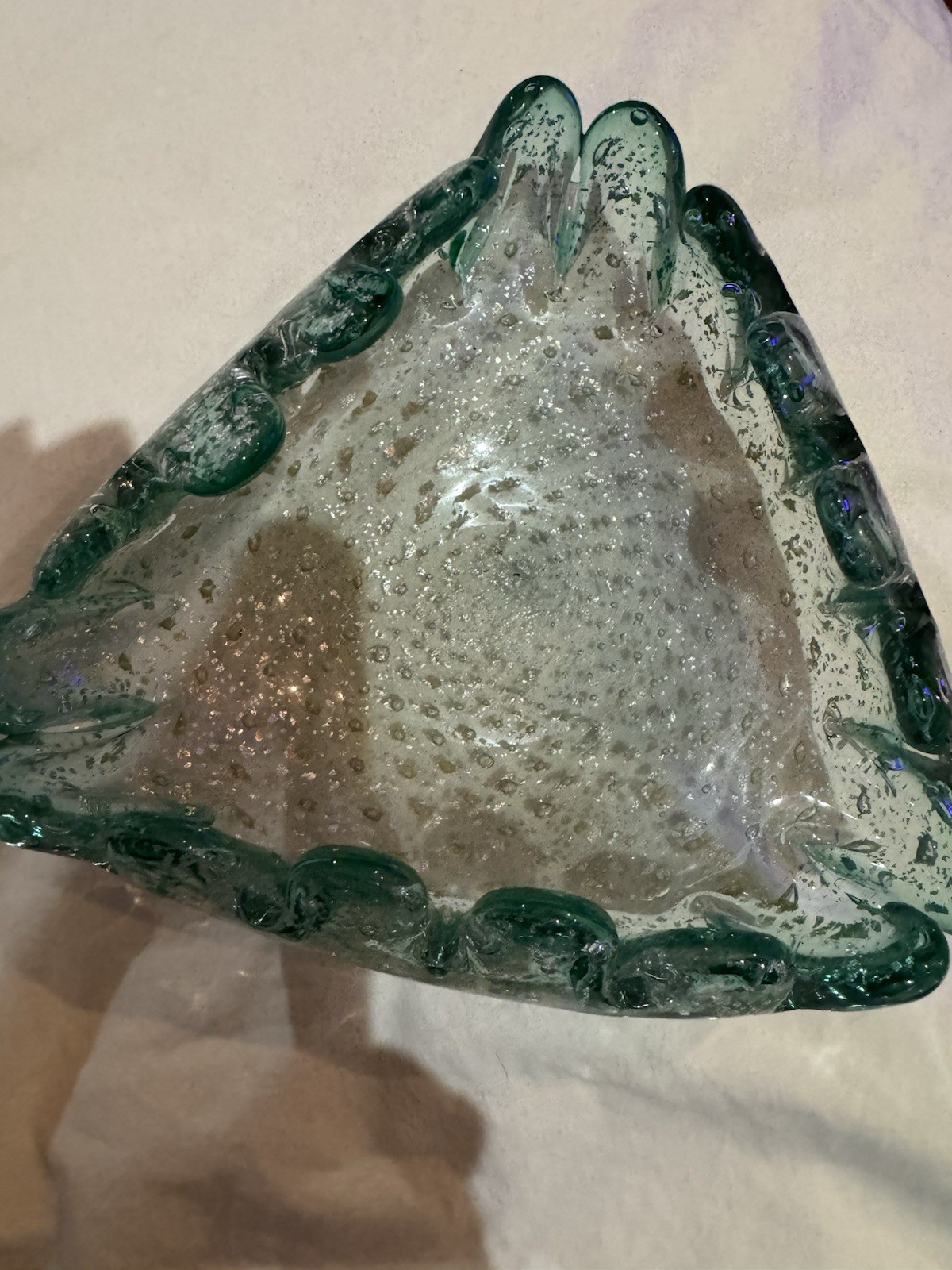 Vintage Murano Glass Ashtray Bowl Teal Silver Fleeks Triangle
