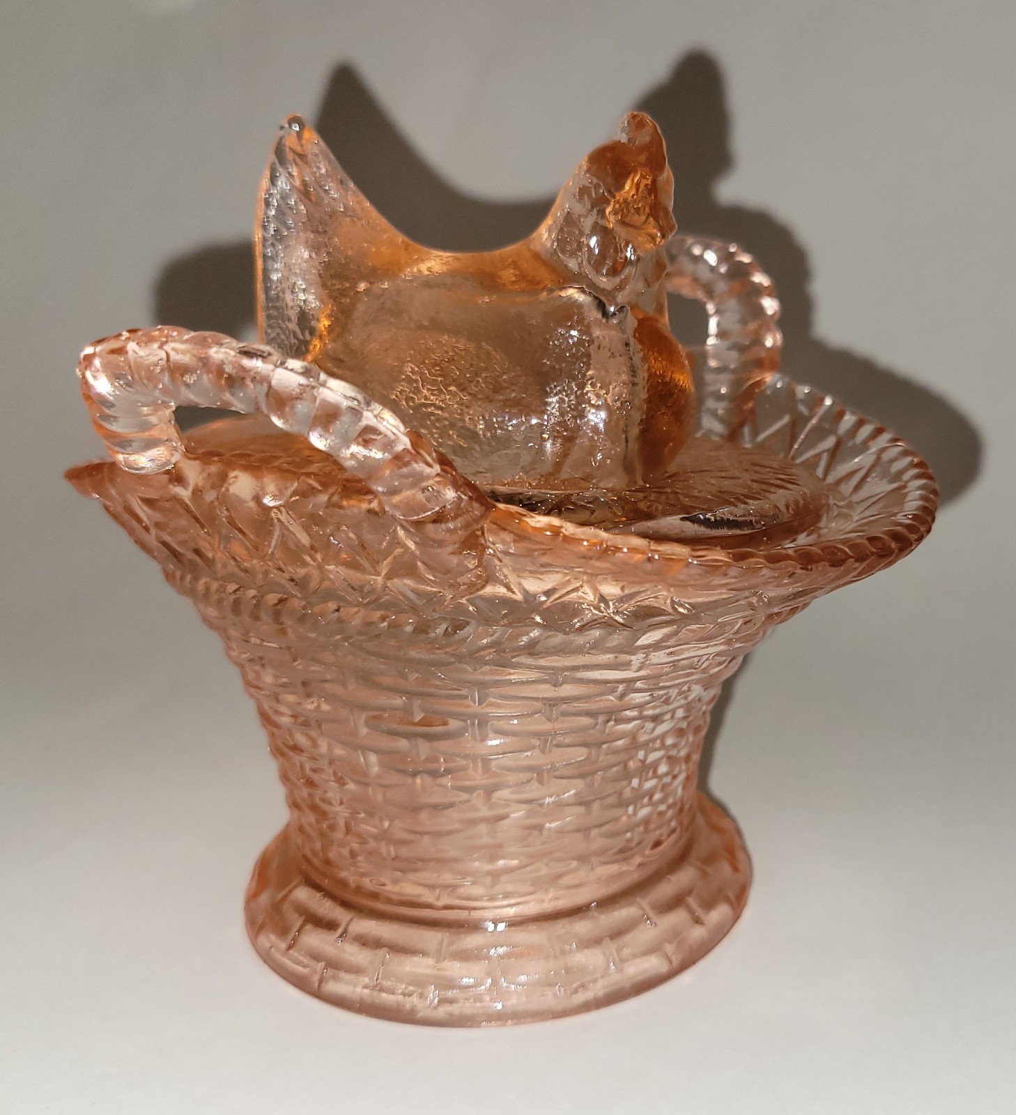 Vintage Pink Depression Glass Hen on Woven Basket -Fenton? Dugan? Indiana Glass?