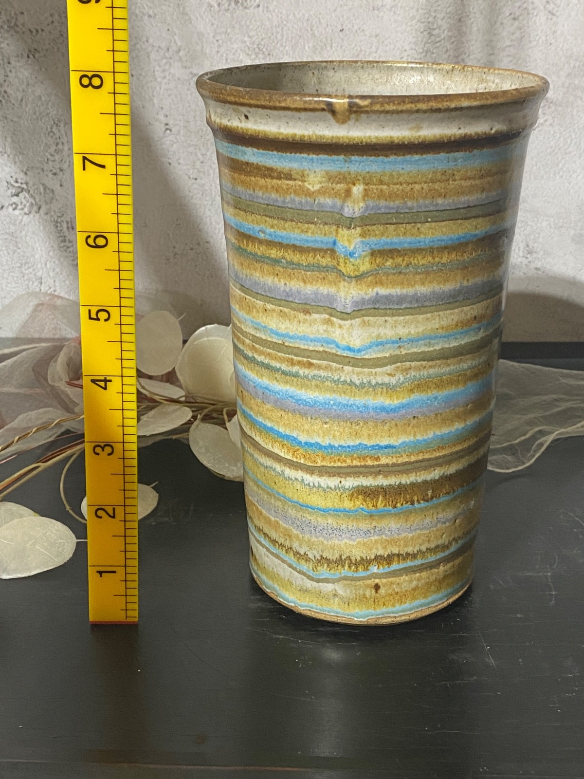 1970s Okela Stoneware Denmark Vase 8″ Tall Striped Mid Century Modern MCM