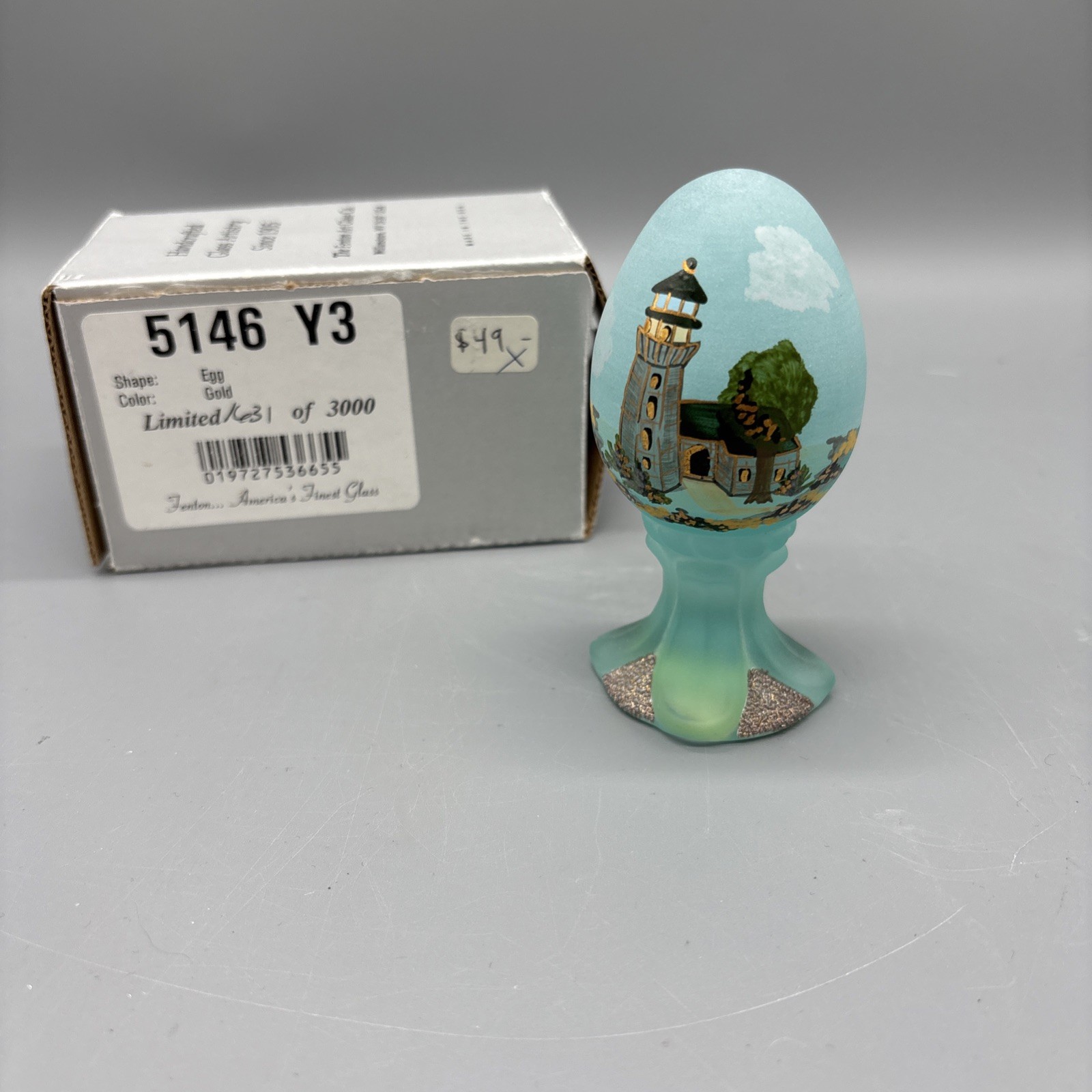 FENTON ART GLASS 1999 LIGHTHOUSE ON AQUAMARINE SATIN PEDESTAL EGG LE #598/3000