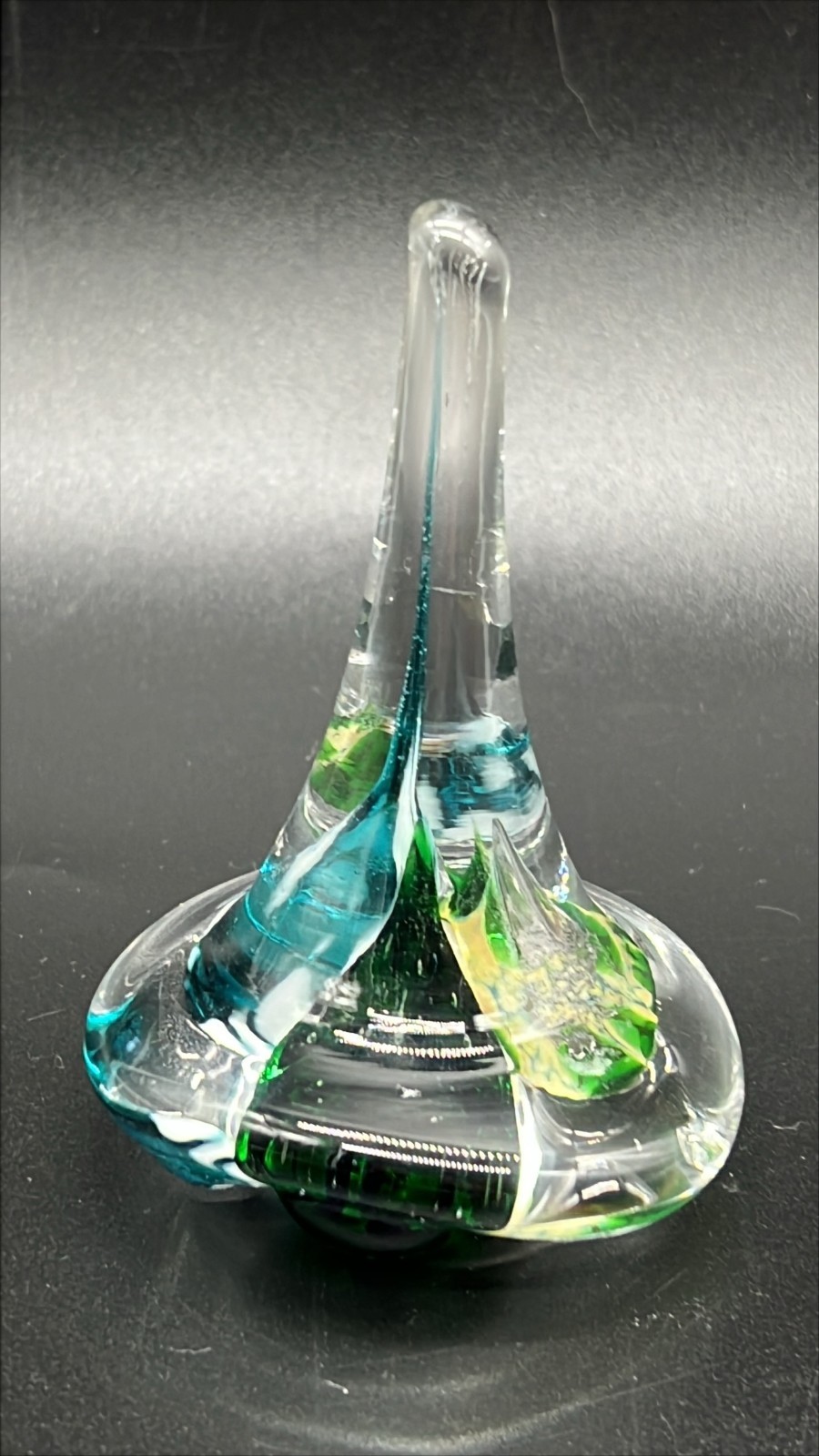 Vtg Hand Blown Art Glass Ring Holder Murano Style Green Blue Millefiori 3.75″