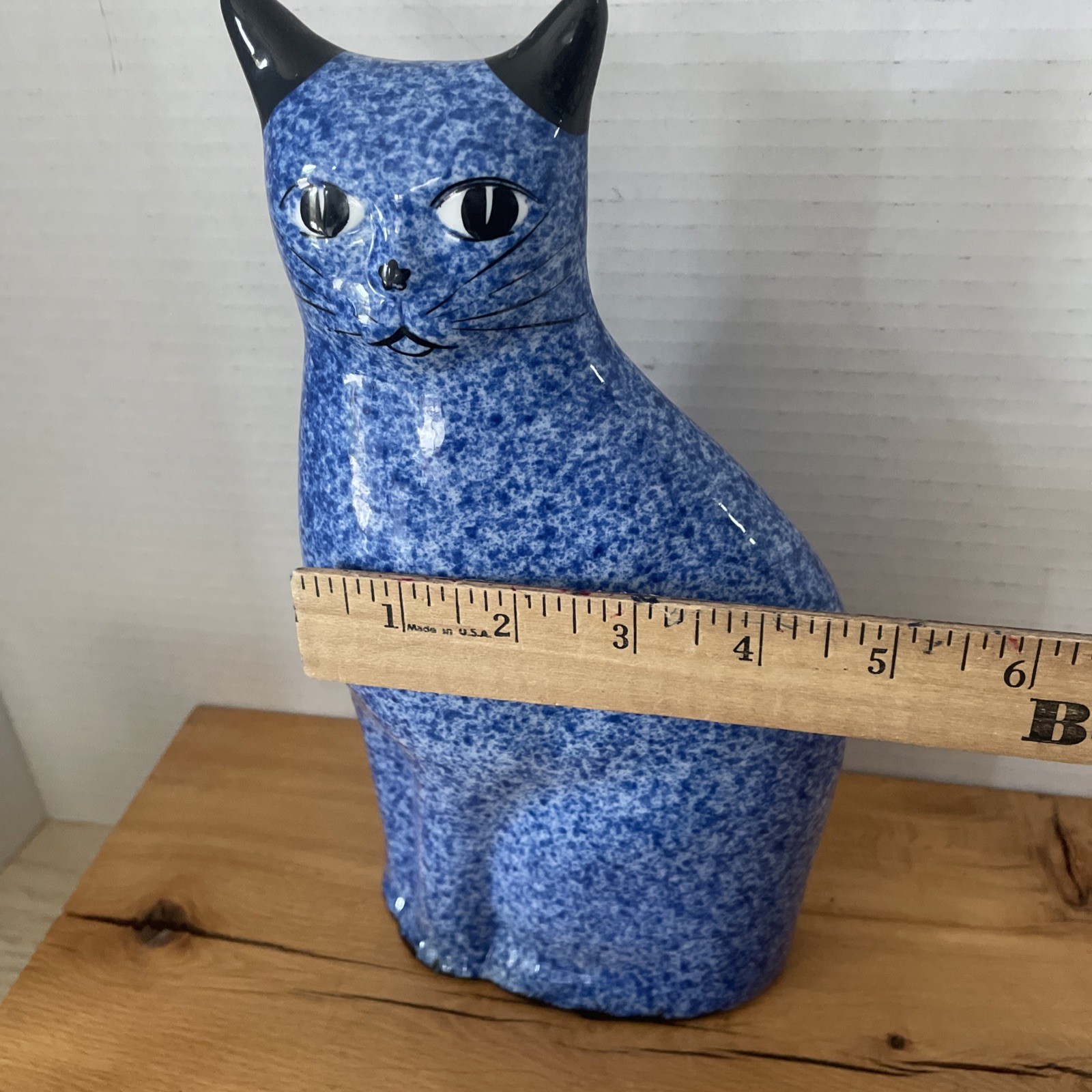 VTG Enesco Ceramic Cat 10”H Cobalt Blue Spongeware Figure Decoration 1980s