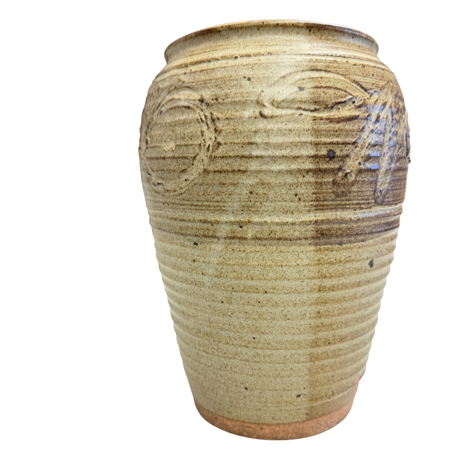 Vintage Studio Pottery Stoneware Vase Hand Carved Ribbed Earth Tones Signed 11in