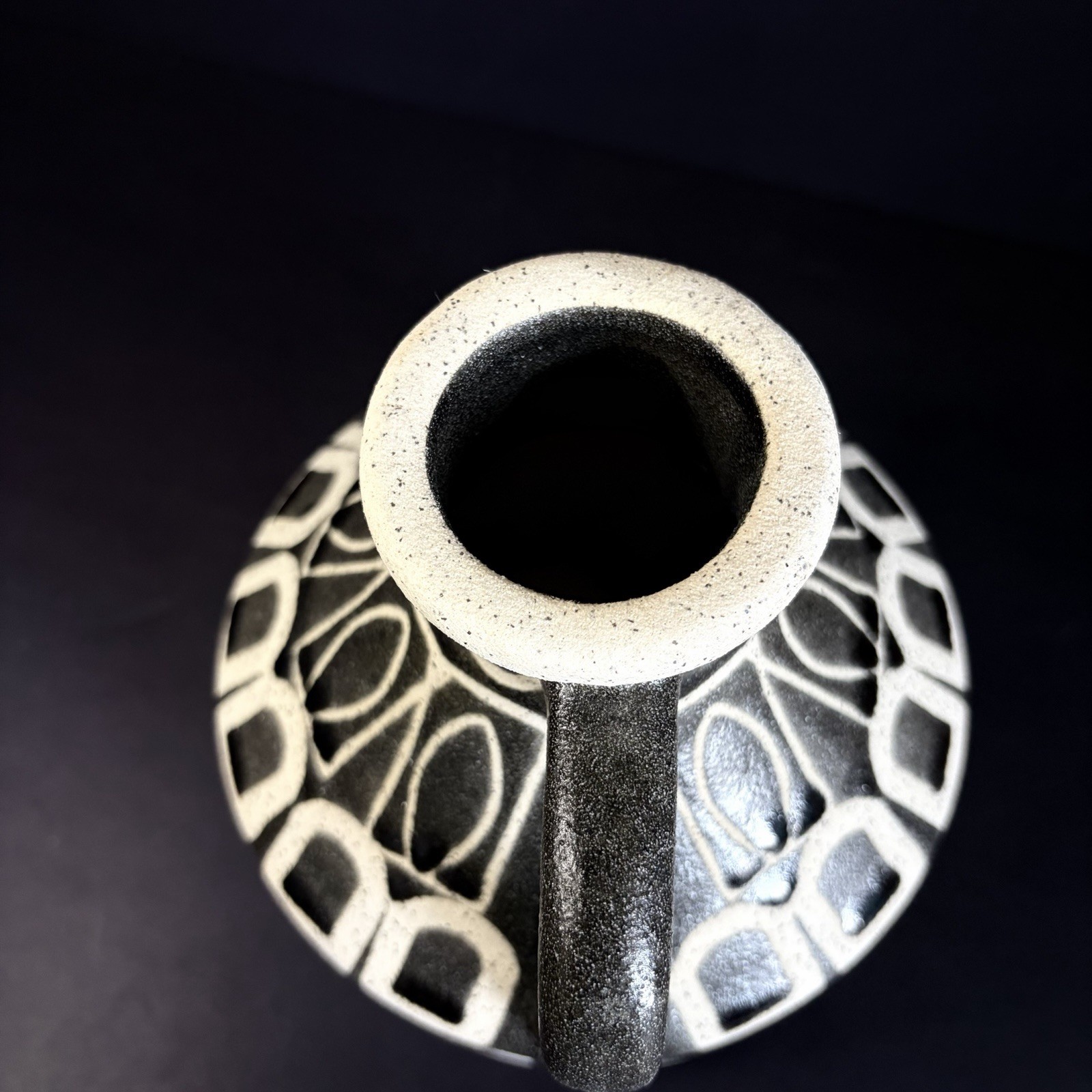 Vintage Mid Century Modern Abstract Art Pottery Jug Vase Geometric Black White