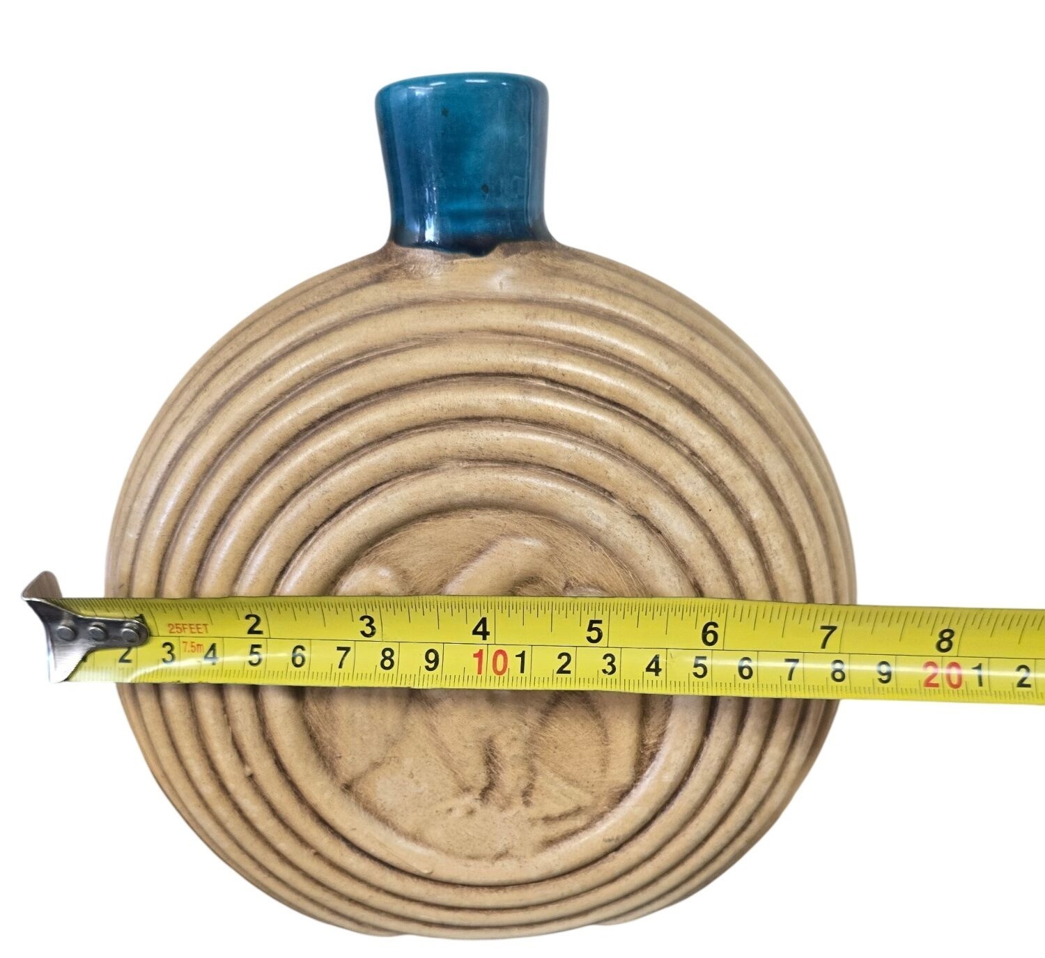 Round Ribbed Ceramic Vase Teal Blue Glaze Neck Eagle Beige Flask