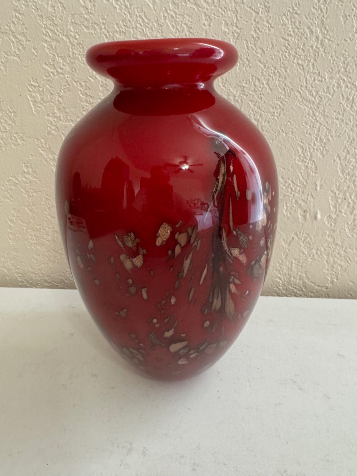Blown Art Glass Red Vase w/ Gold / Copper Speckles