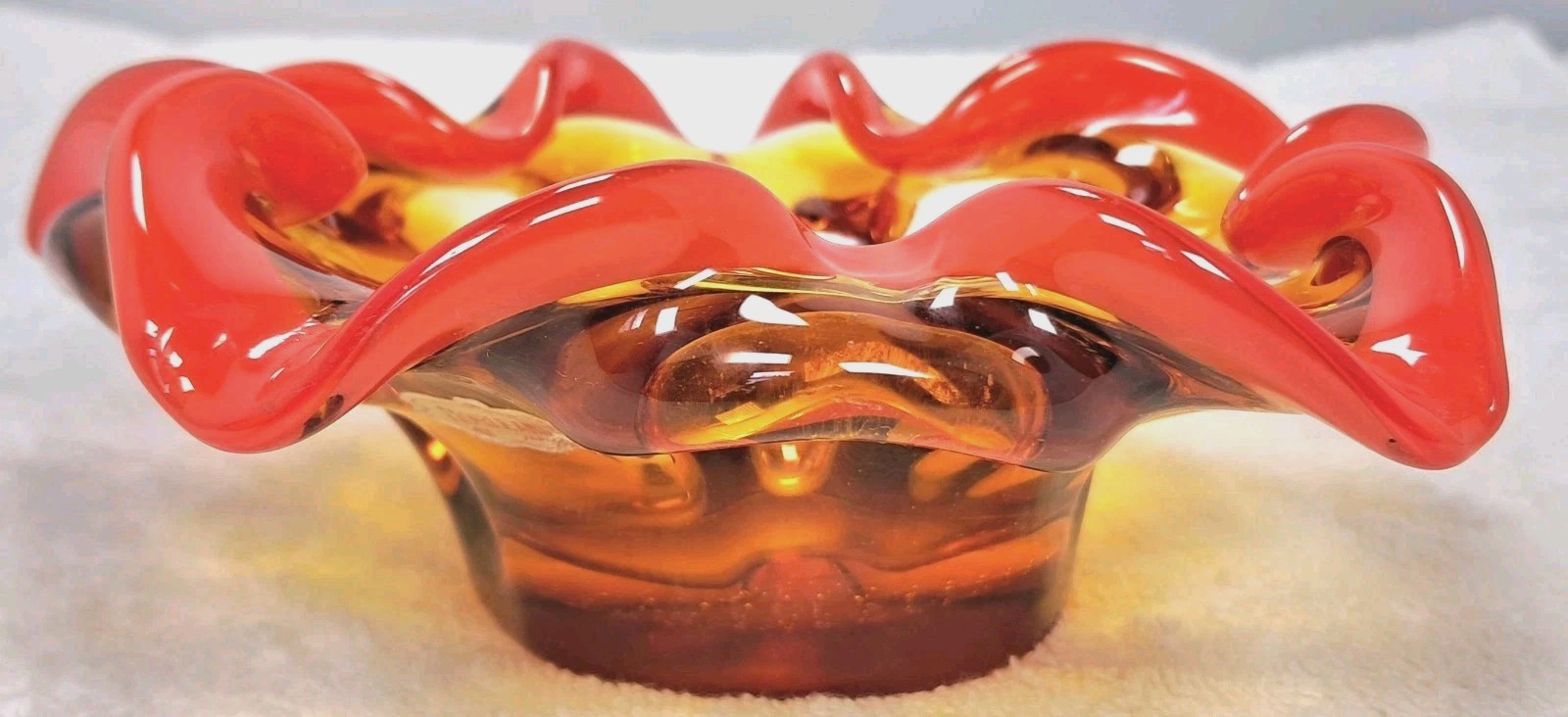 Vintage Norleans Japan Orange Amber Art Glass Candy Dish/Ashtray With Sticker