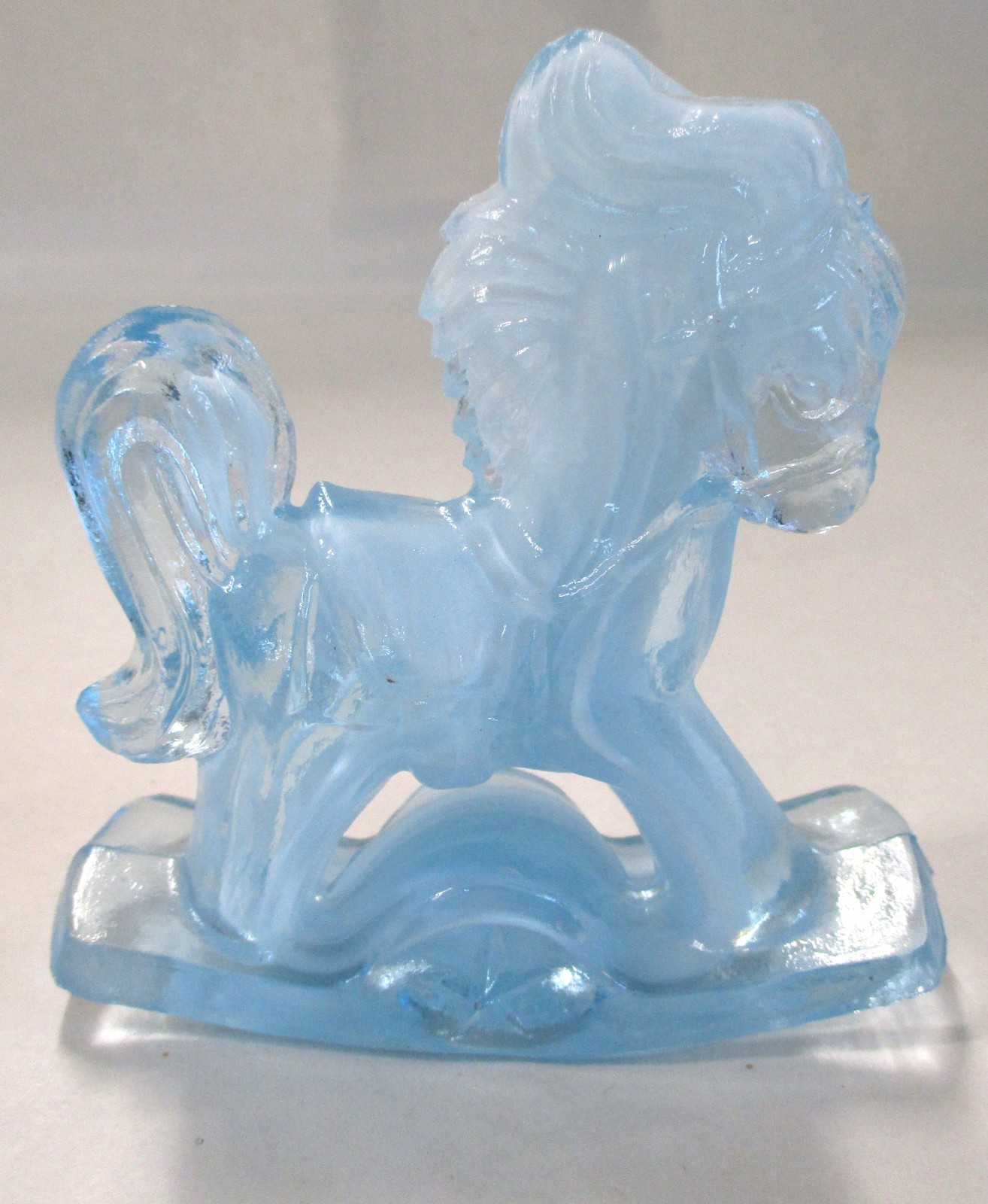VINTAGE ALBERT BOSTON LIGHT BLUE COLOR SLAG GLASS ROCKING HORSE