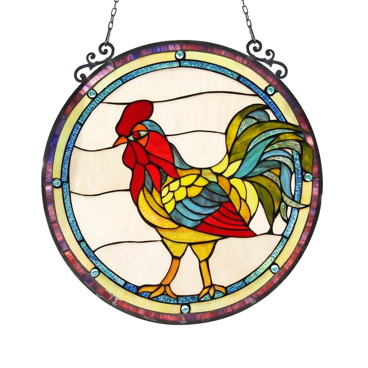 Stained Glass Rooster Round Window Panel Handcrafted Tiffany Style 24″ Across