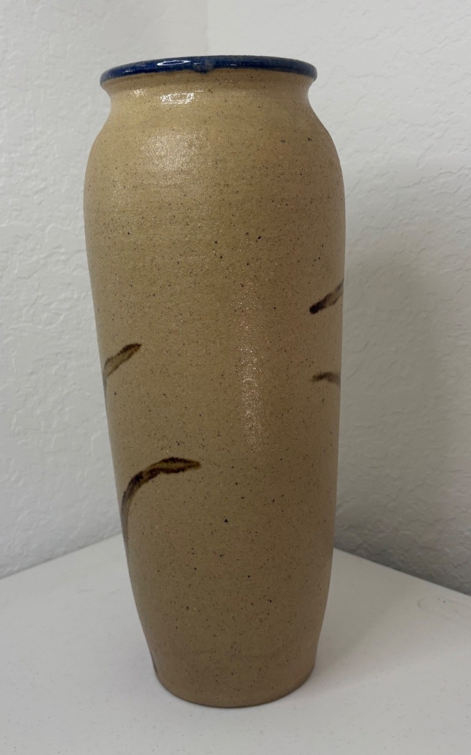 Handmade Vintage Pottery Vase With Blue Iris Floral Design 13″ Tall Signed Base