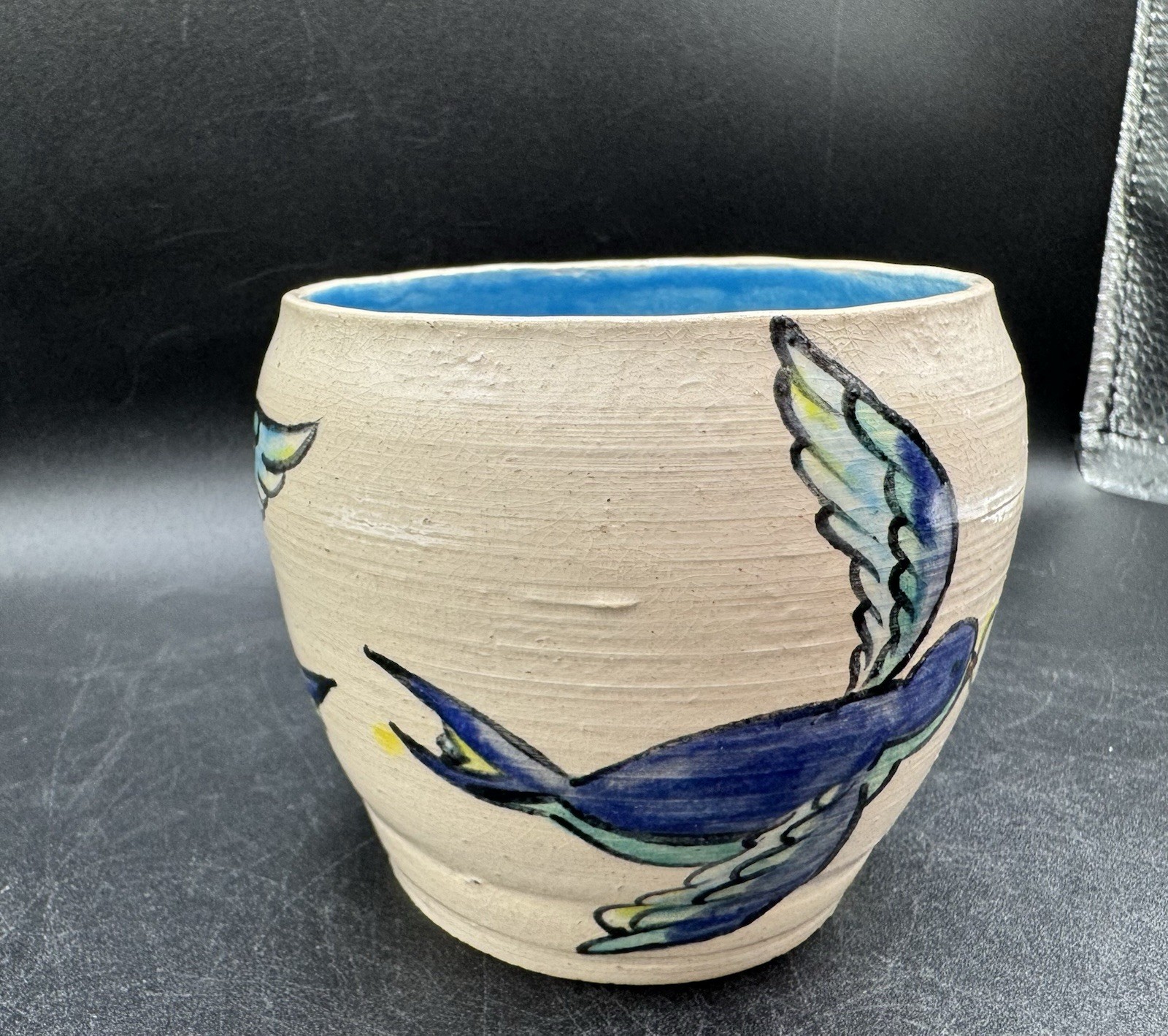 Art Pottery Hand painted Blue Birds Planter Pot Coral Floral Signed {Is} 4” W
