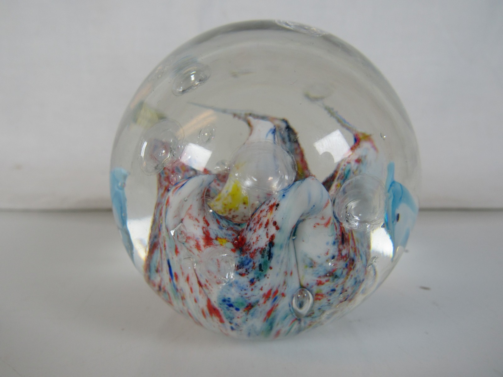 Blue Dolphin & Colorful Coral Art Glass Paperweight 2.5” Under The Sea Aquarium