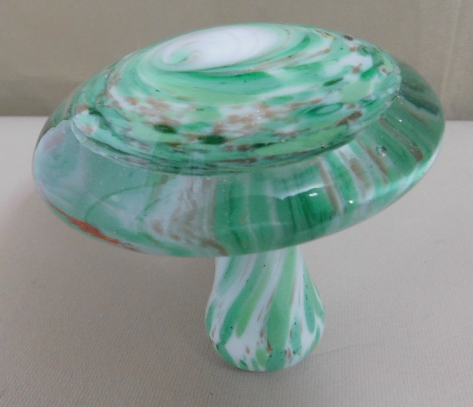 Vintage Glass Clear Green & White Mushroom Toadstool Paperweight 4”