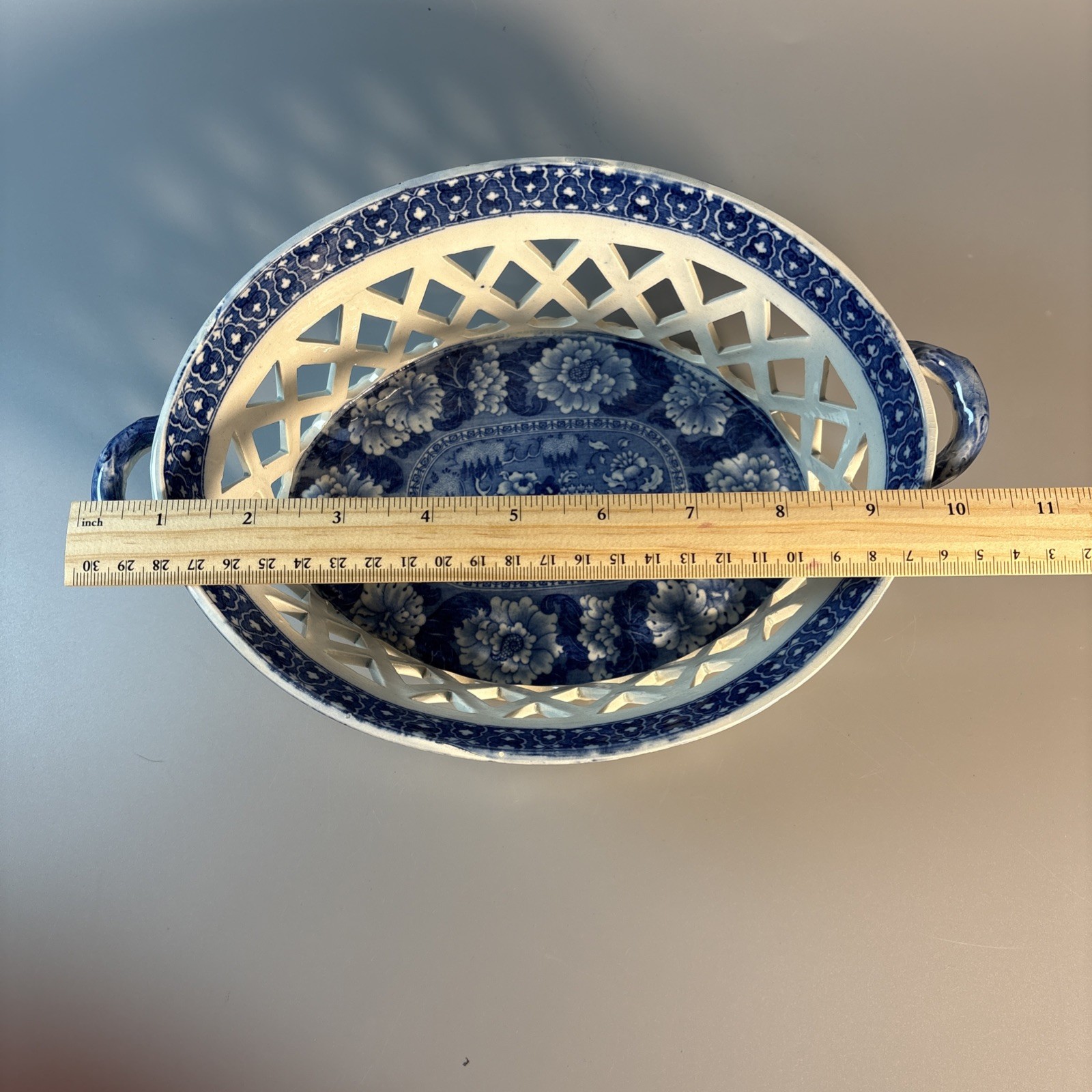 19th Cen Staffordshire Dark Blue Transfer Pearl Glaze Reticulated Basket & Tray