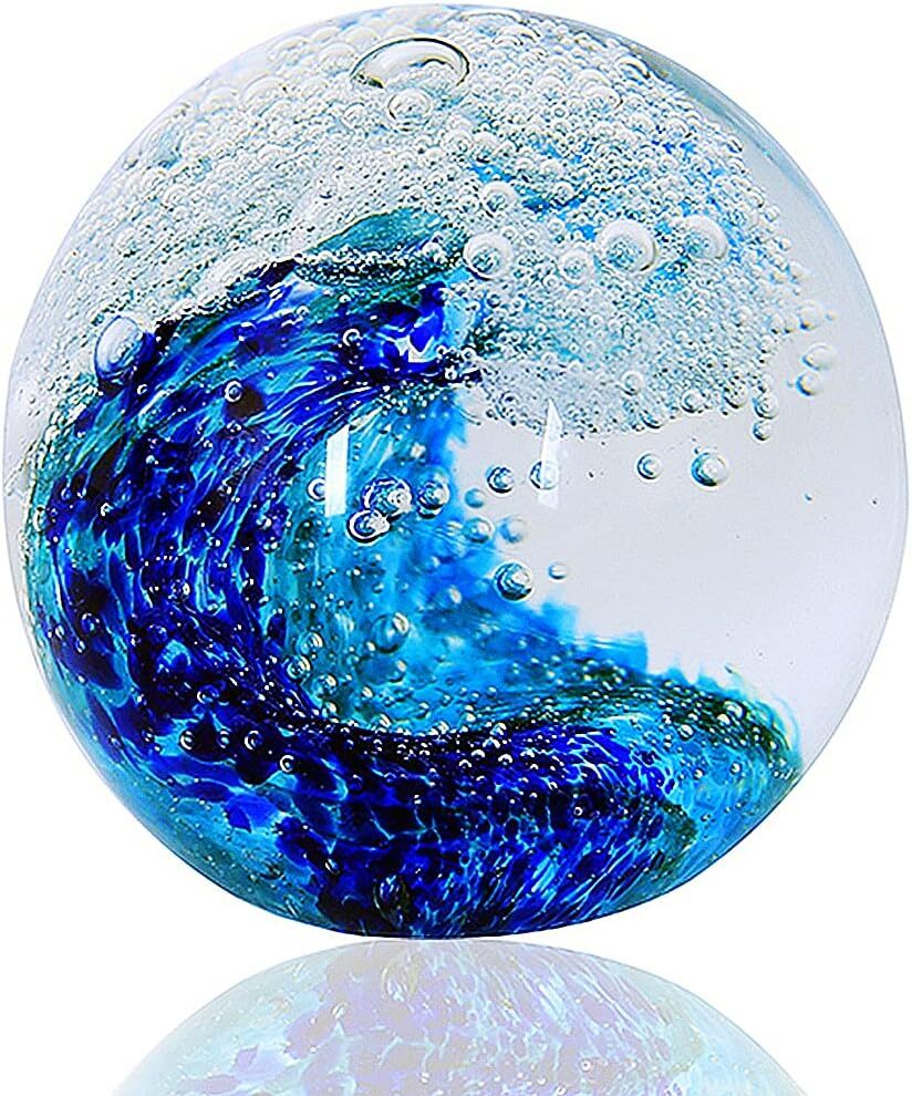 Hand Blown Glass Figurines Ball Ocean Waves,Paperweight Glass Ball,Home Decor Co