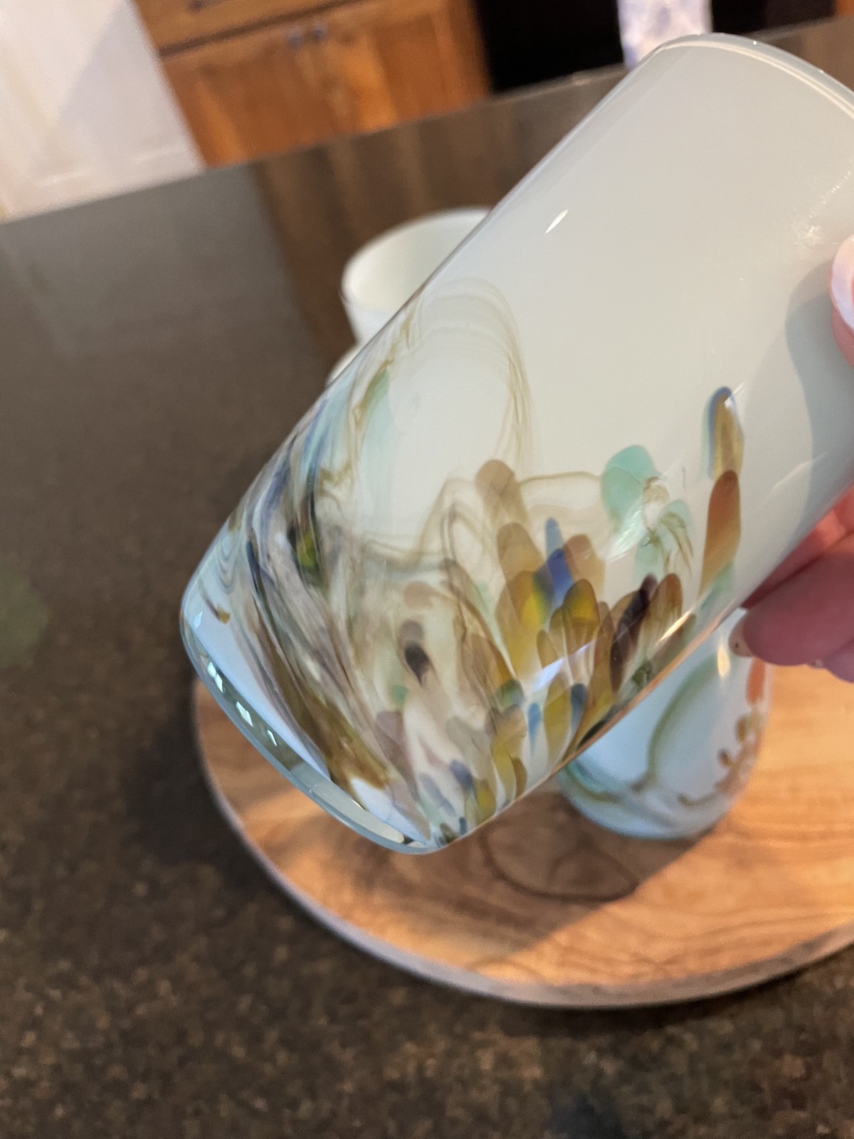 Hand Blown Abstract Swirling Colors Art Glass Tumblers, 4.5″ Tall, set of 6, EUC