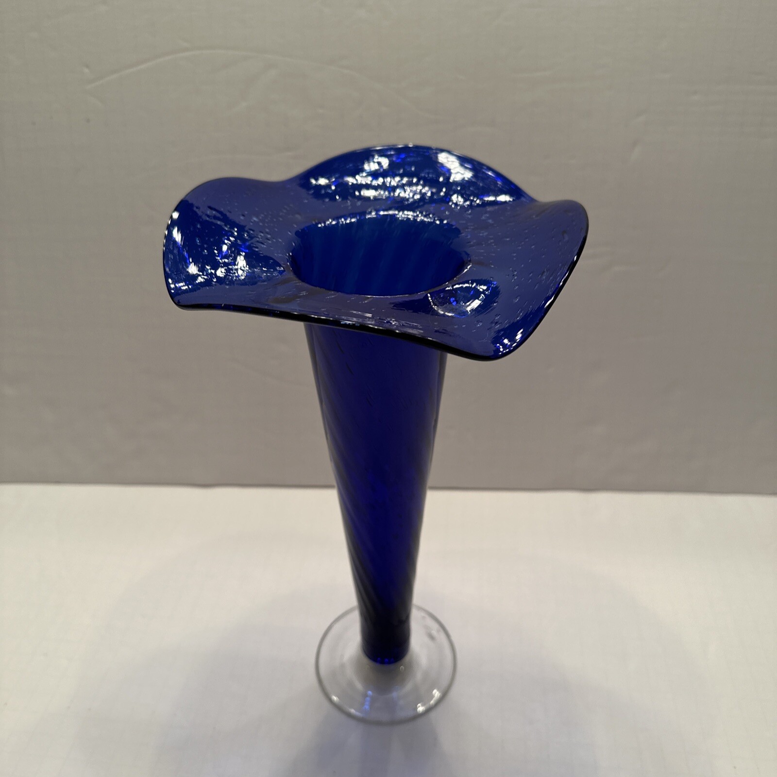 Handcrafted Cobalt Blue Blown Glass Swirl Lily Vase With Clear Base & Bubbles