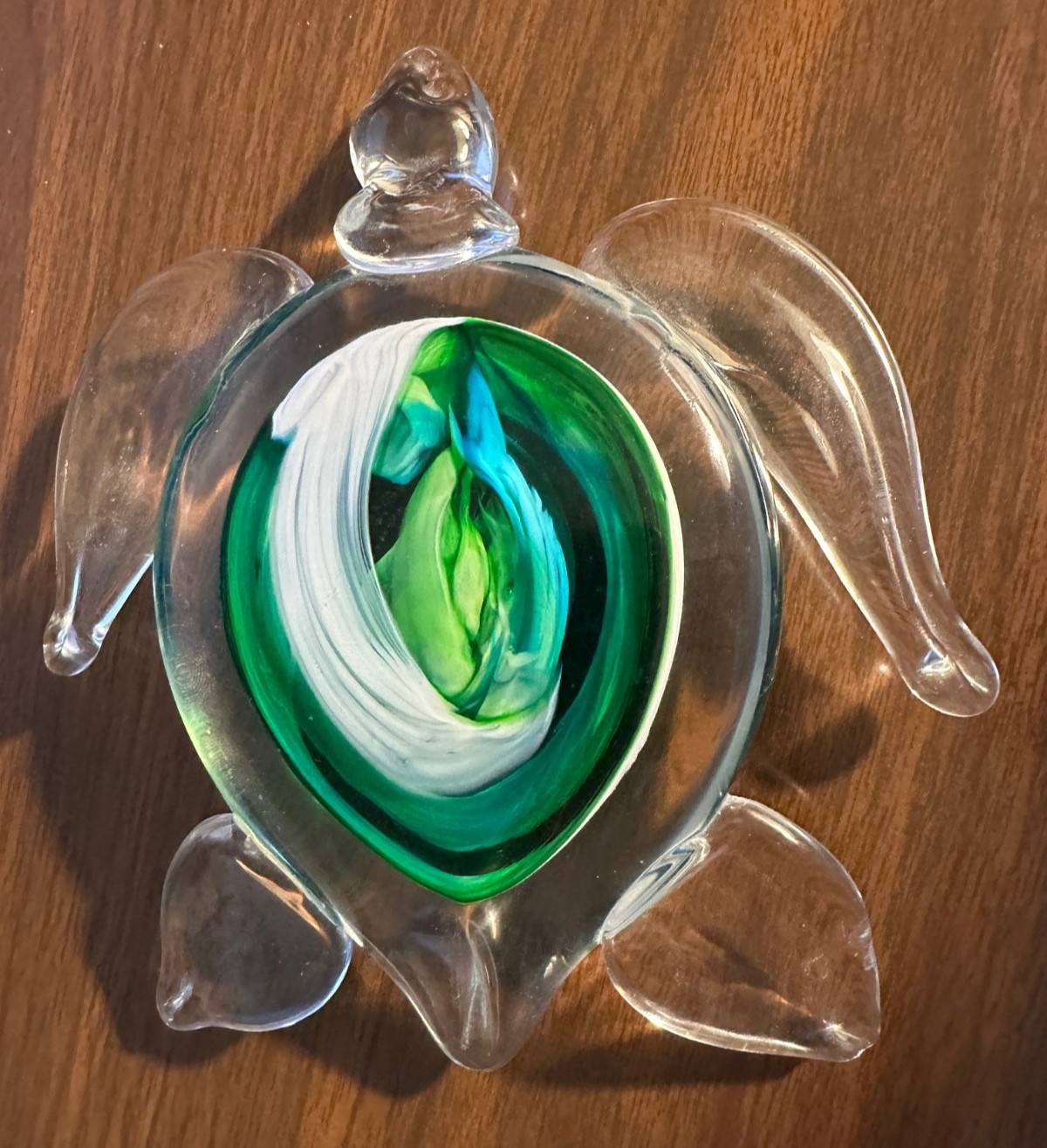 7”x6” Hand Blown Art Glass Sea Turtle W Blue & Green Ribbons In Shell