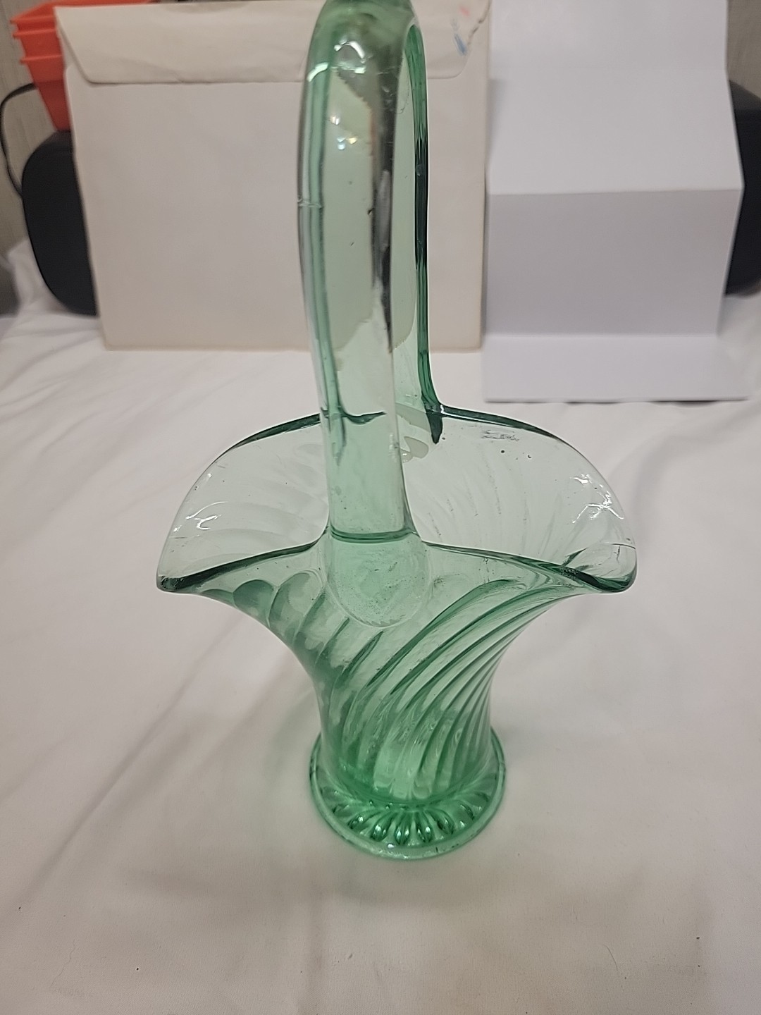 Vintage Uranium Glass Wedding Bridal Basket Ribbed UV Reactive Vaseline Glow Art