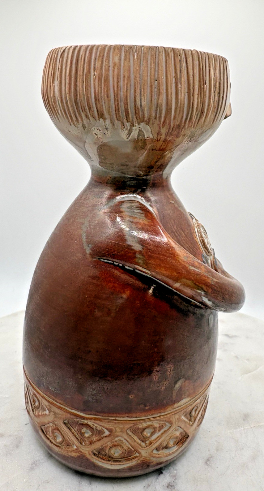 Vintage Vase Pottery With Face And Flowers La Maison du Potier 6.75″