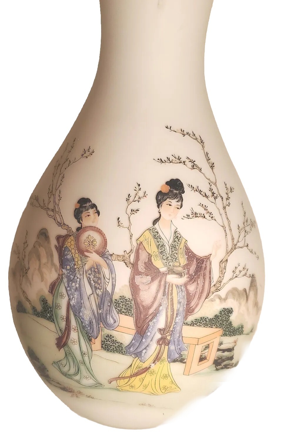 Vintage Norleans Satin Frosted White Glass Vase Asian Japanese Floral Italy