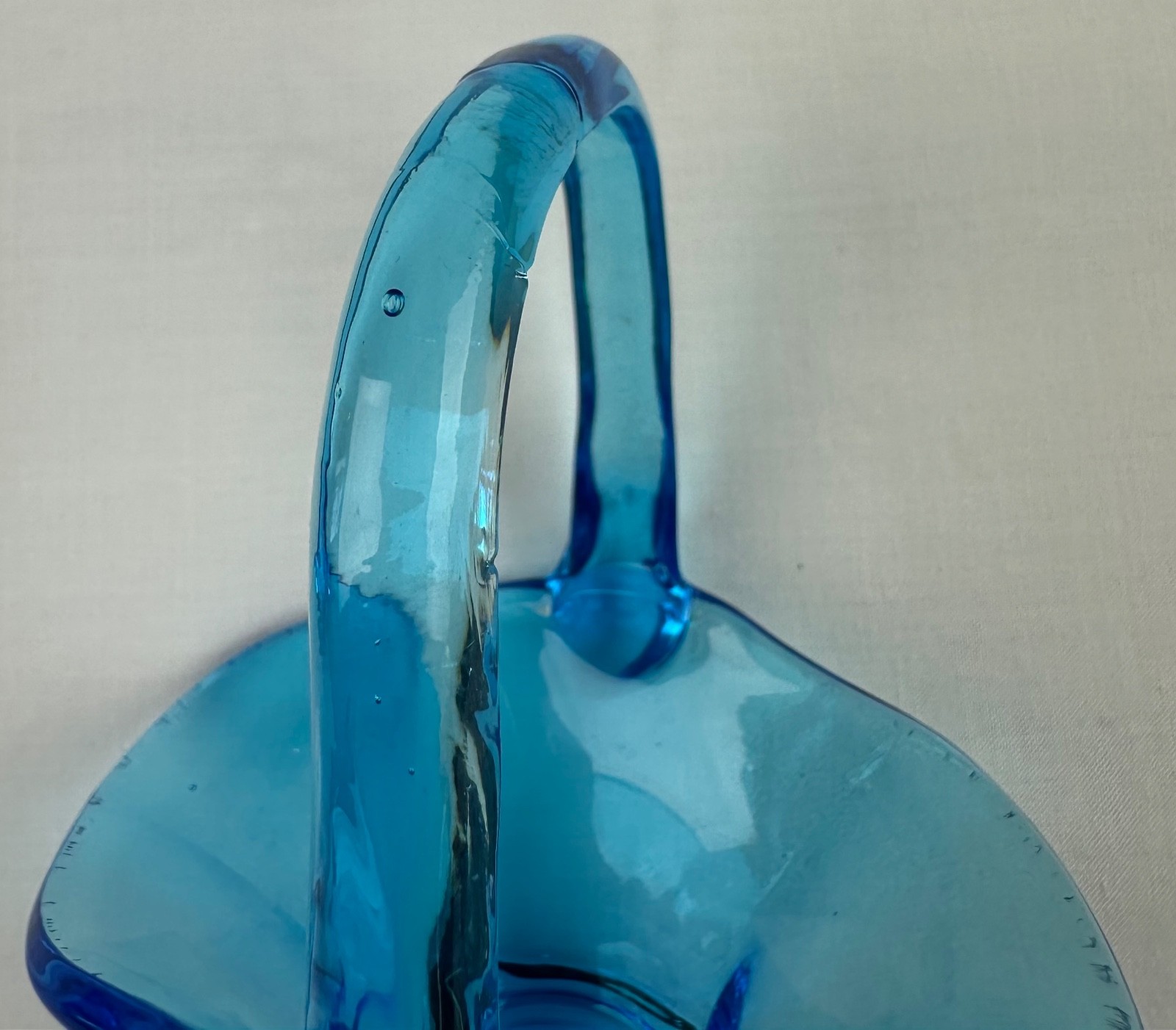 Vintage blue depression glass bride’s basket applied handle 4″ tall 3 3/8″ wide