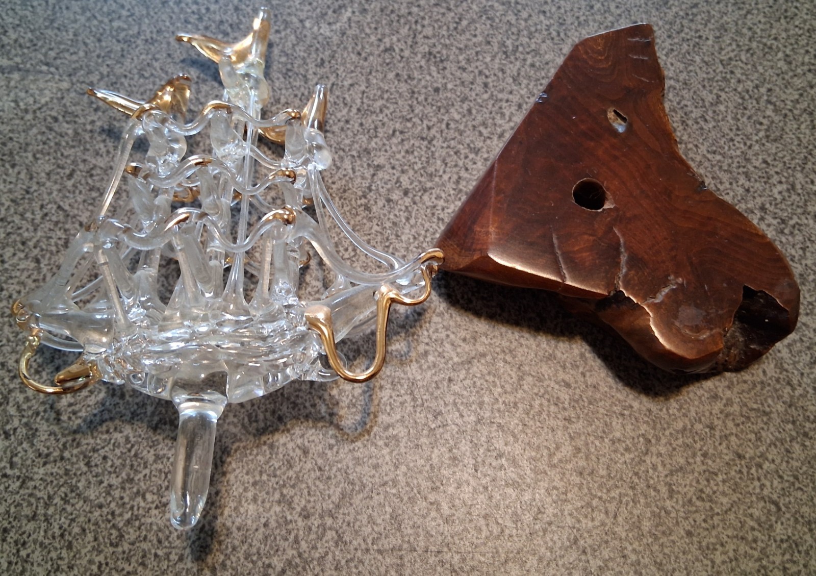 Vtg Hand Spun Blown Glass Art Nautical Sail Boat Ship mint condition Wooden Base