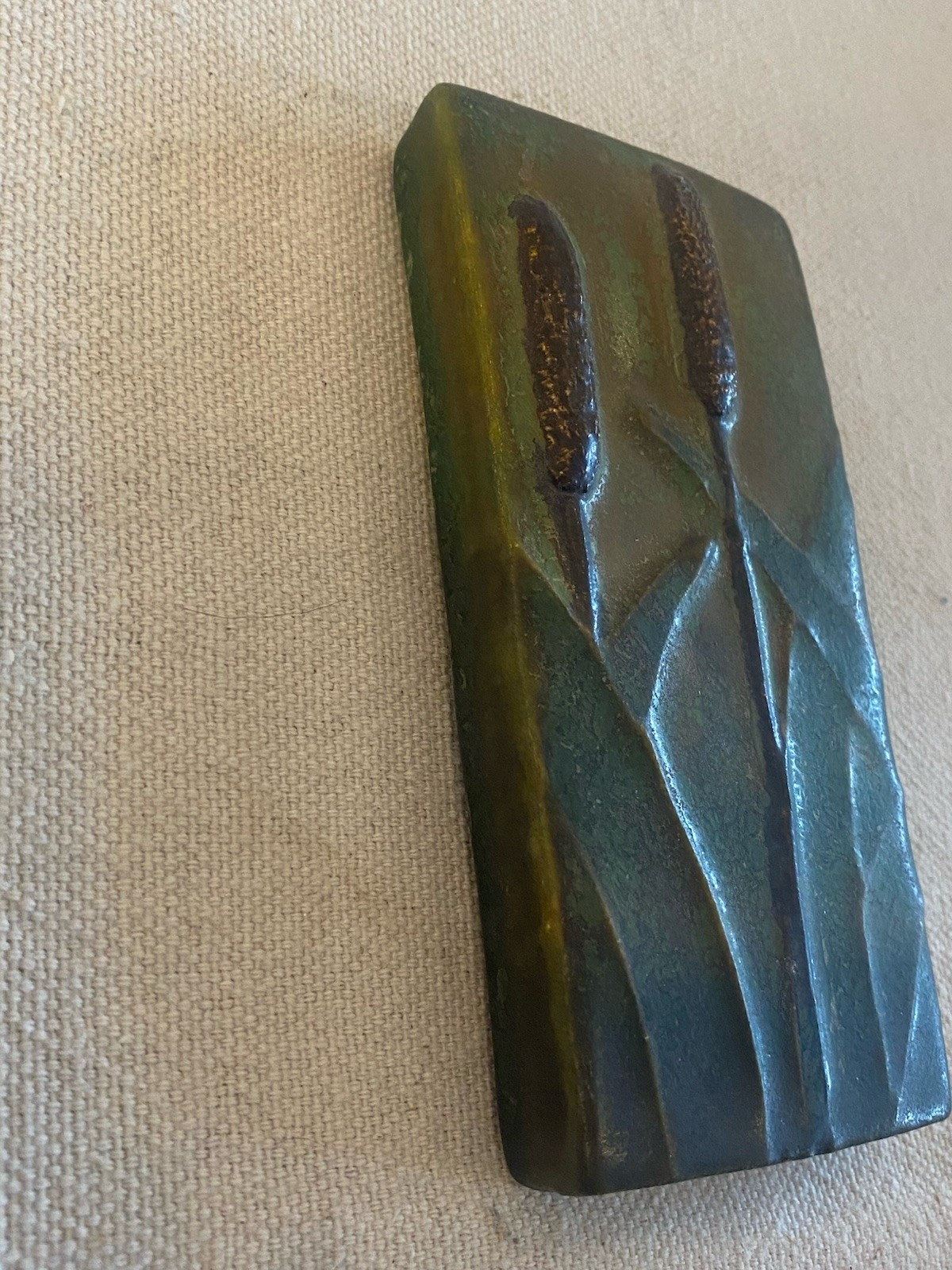 Ephraim Faience Vintage Hand Made Art Pottery Green Cattails Tile 5″ x 2.5″