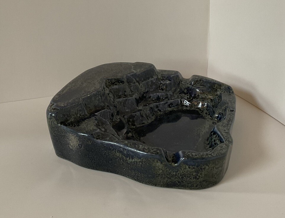 Glazed Blue Pottery Trinket Tray Ashtray Rock Formation Ceramic Cigarette Cigar