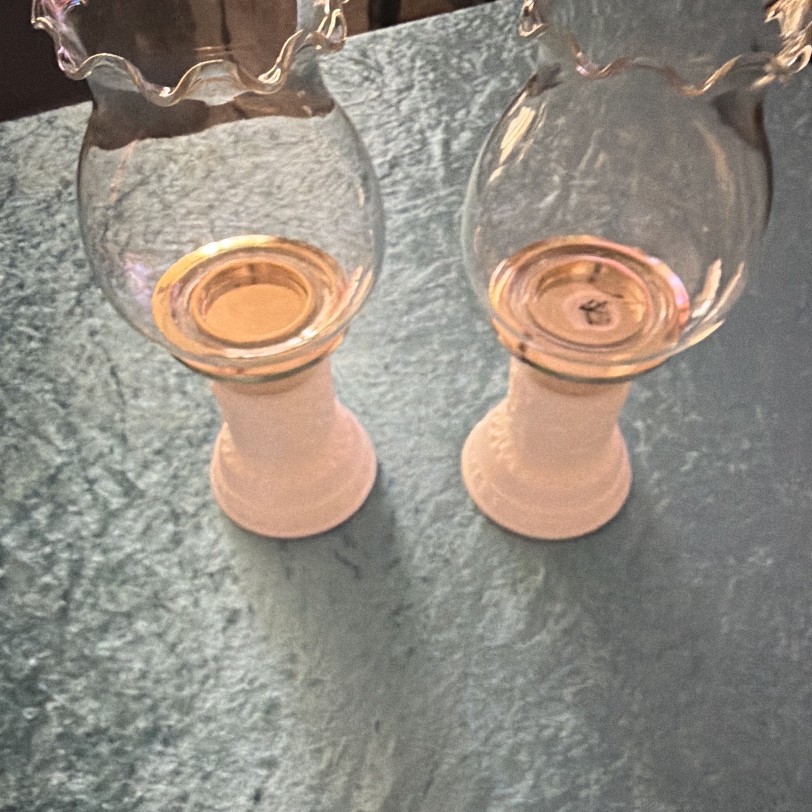 Pair/Set of 2 white & Clear Textured Glass Candle Holders, Clear Glass not pink