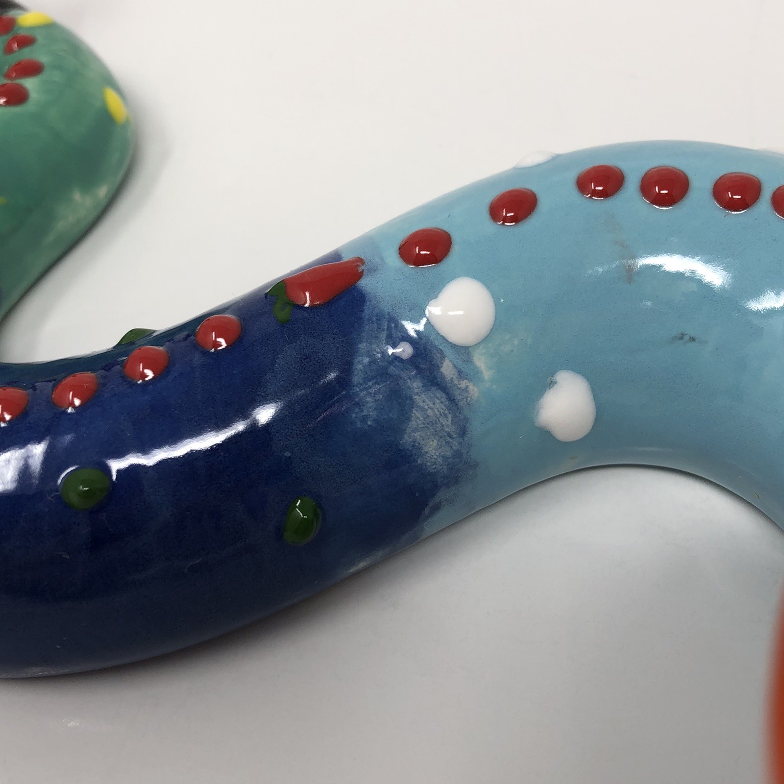 Ceramic Snake Figurine Whimsical Hand Painted Hobby Colorful Unique Signed 9.5″