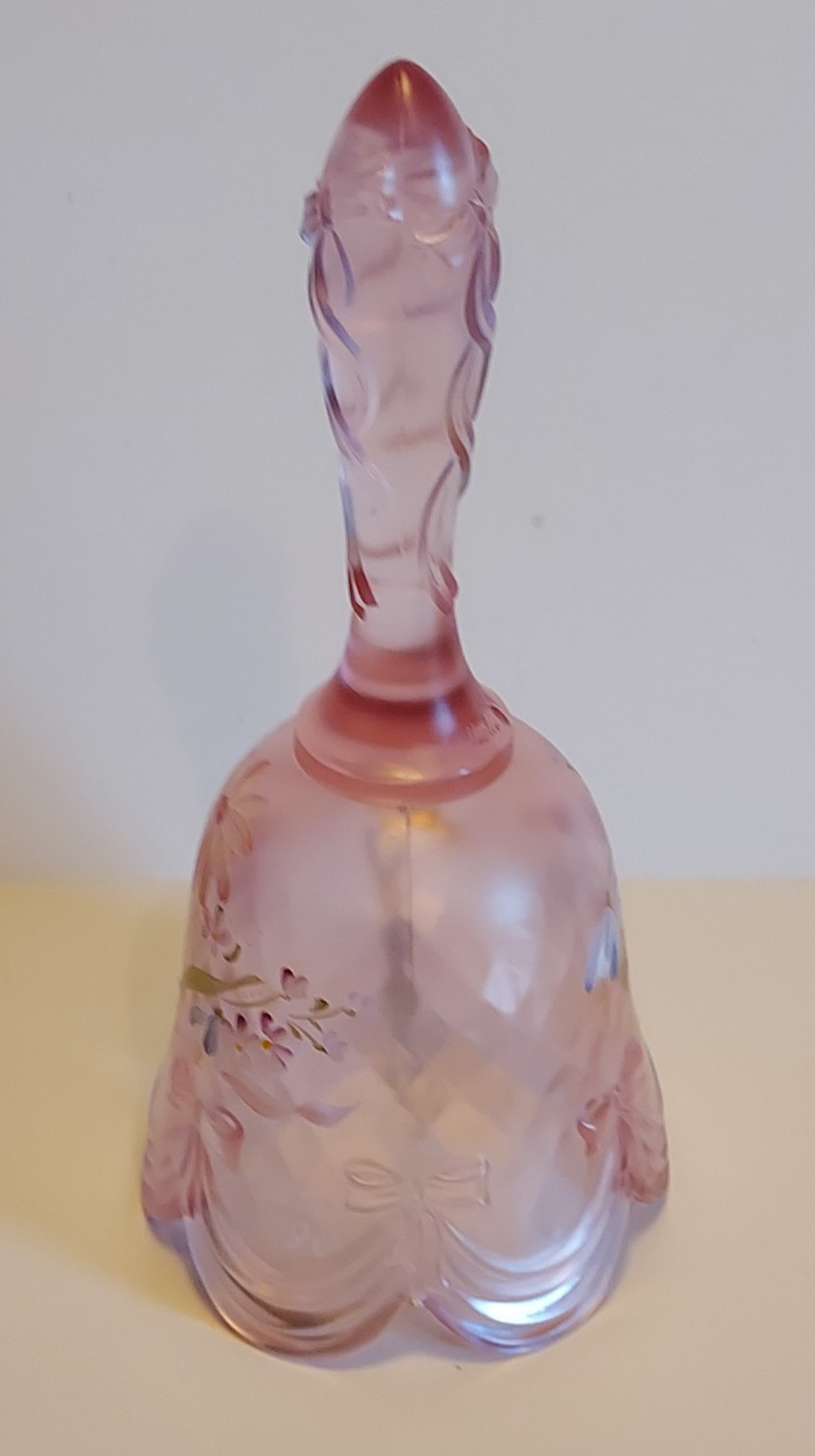 Beautiful Fenton Bell Hand Painted Floral & Signed Easter 1990 Pink Frost 6.5″