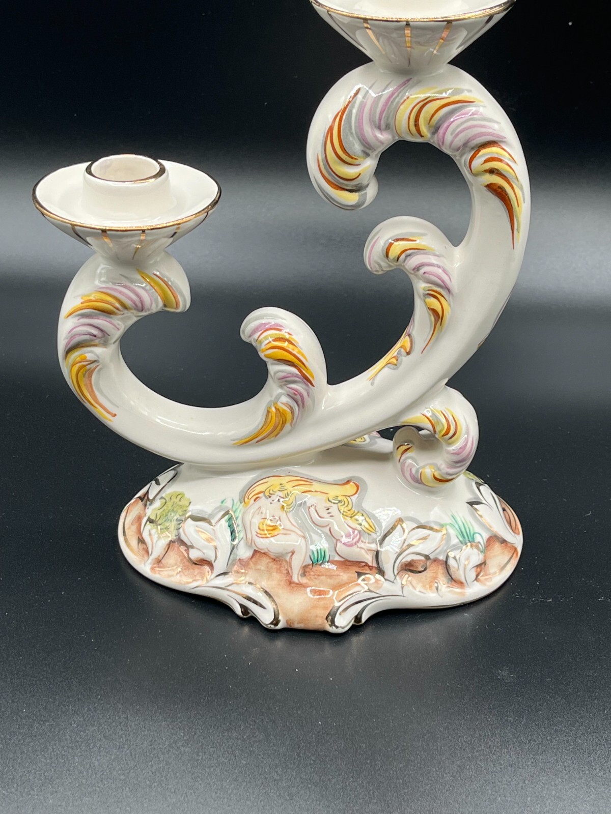 Vintage Alcobaca Portugal Capodimonte Double Candle Holder Hand Painted Stamped
