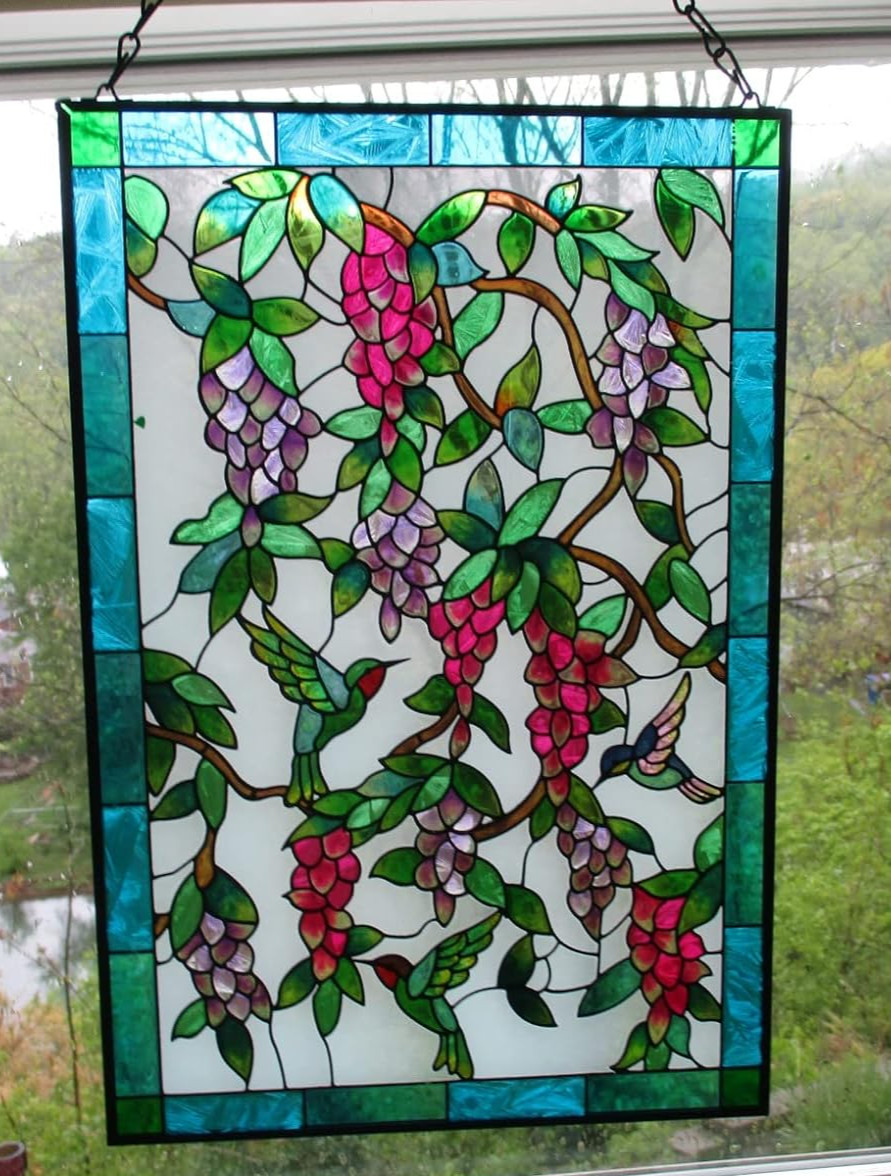 15 x 10″ Vintage Style Stained Glass Hummingbird Window Hanging Suncatcher Panel