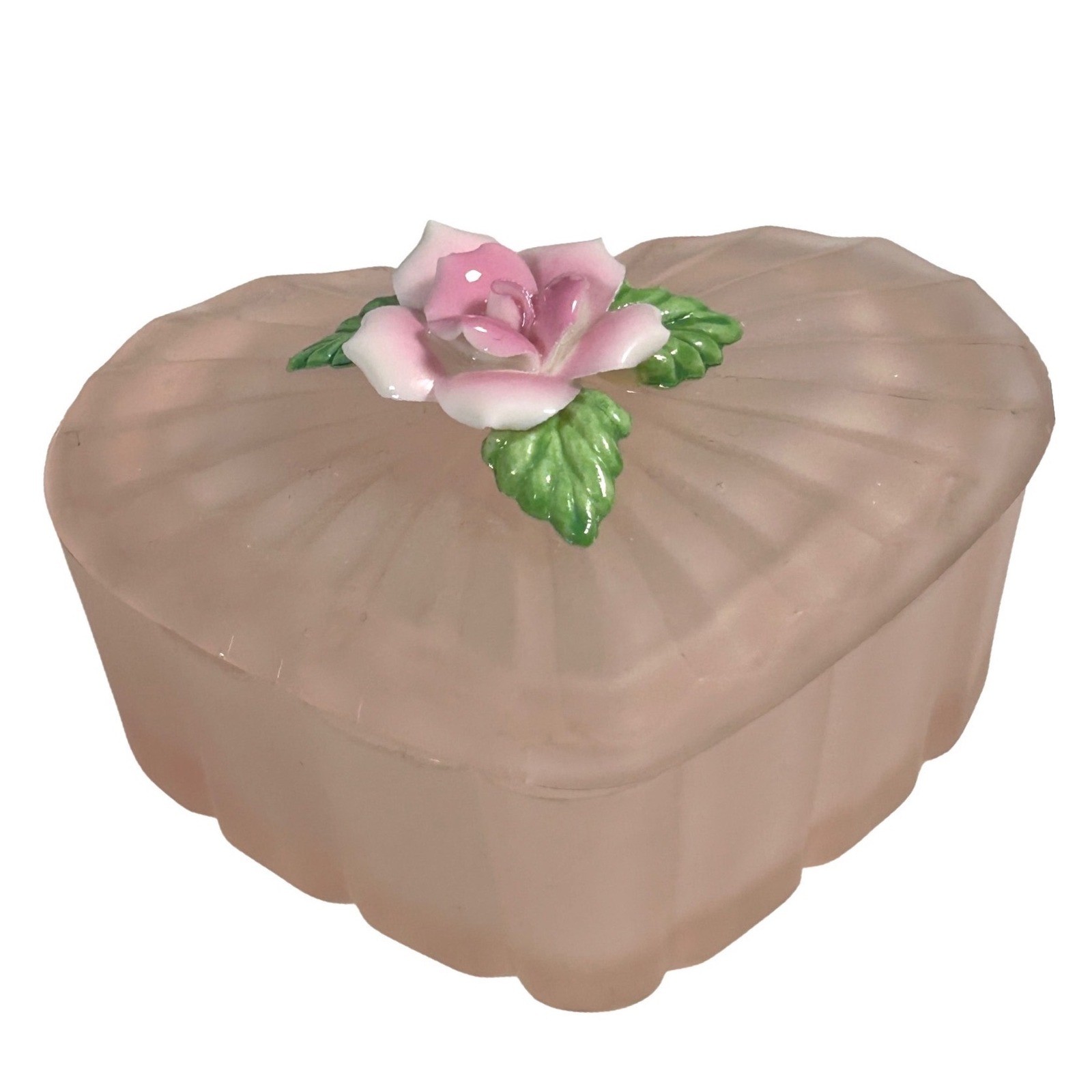 Frosted Pink Glass Heart Trinket Box Porcelain Rose Lid Fluted Jewelry Dish