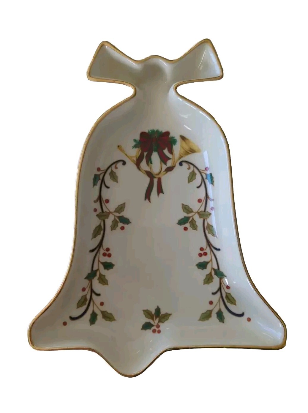 MIKASA Ribbon Holly Christmas Holiday Fine Porcelain Ivory Bell Candy Dish FK001