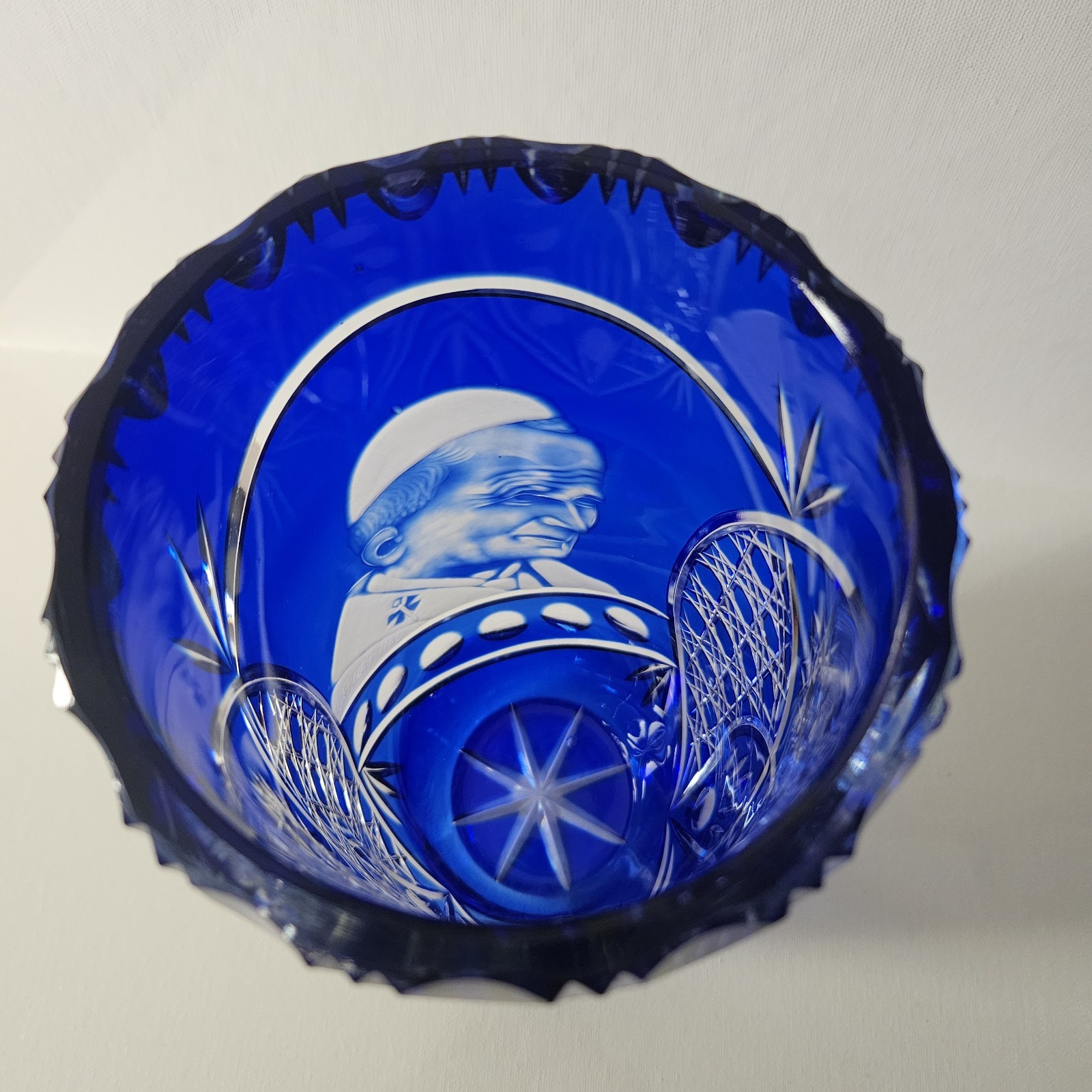 Cobalt Blue Cut To Clear Glass Vase Pope John Paul Bohemian Style 9.75″