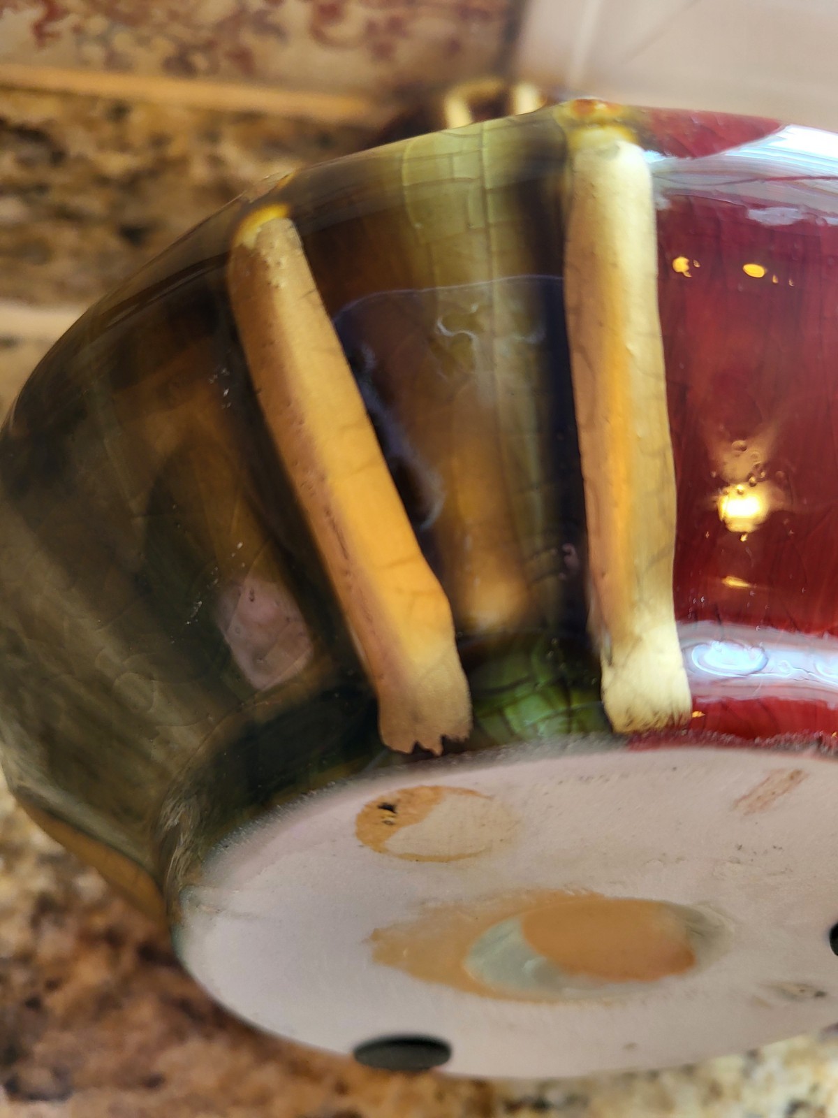 VTG Ceramic Pottery Red Black Green With Gold Stripes 6.25 X 6.25 Vase