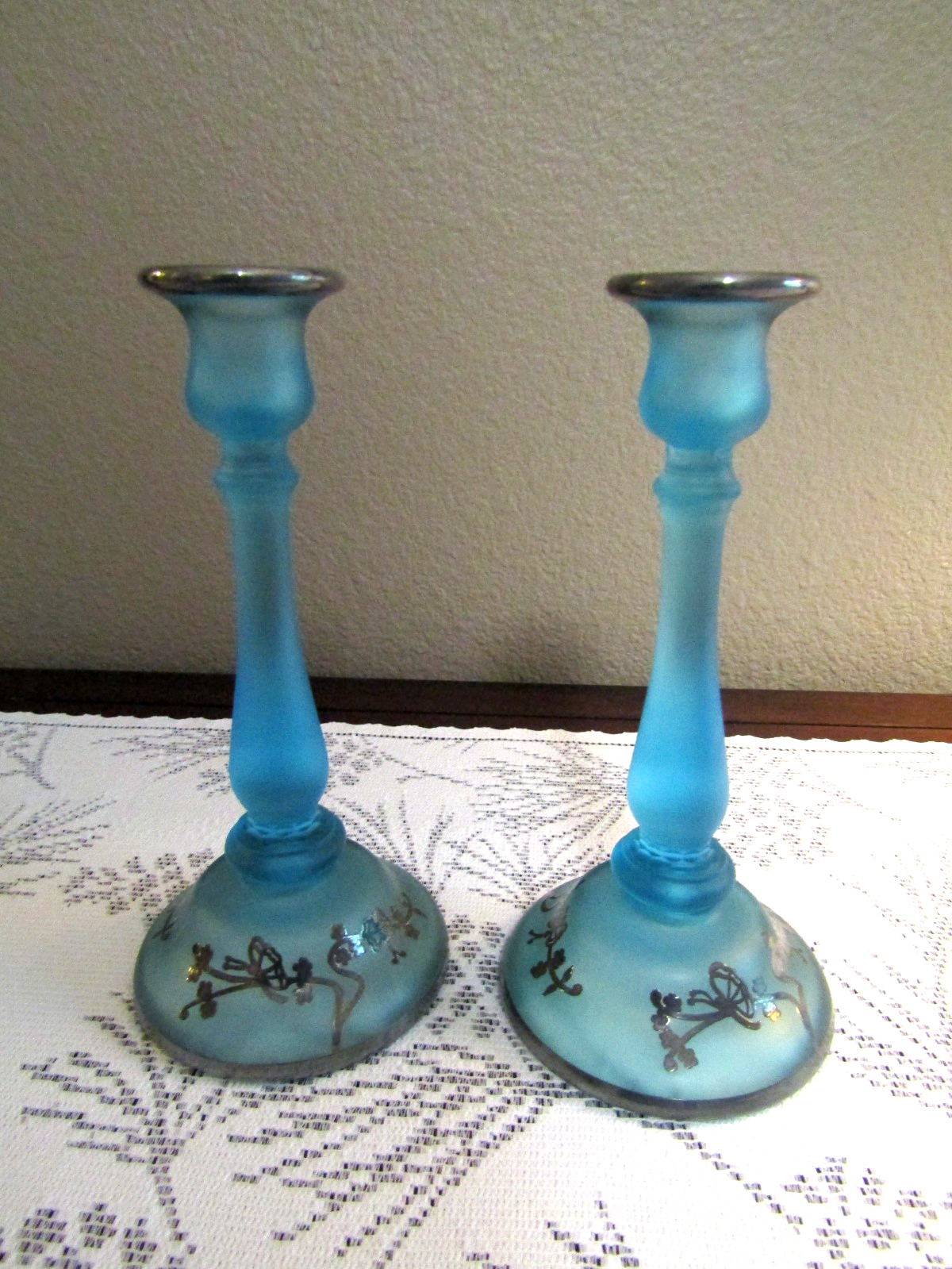 Tiffin Sky Blue Satin Glass CONSOLE BOWL & CANDLESTICK HOLDERS / Silver Overlay
