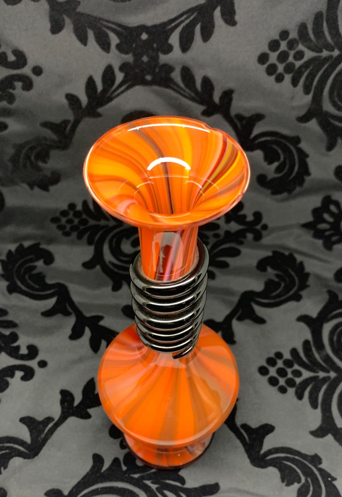 Bavarian Art Glass Vase Orange Swirl with Applied Black Snake Tango Style
