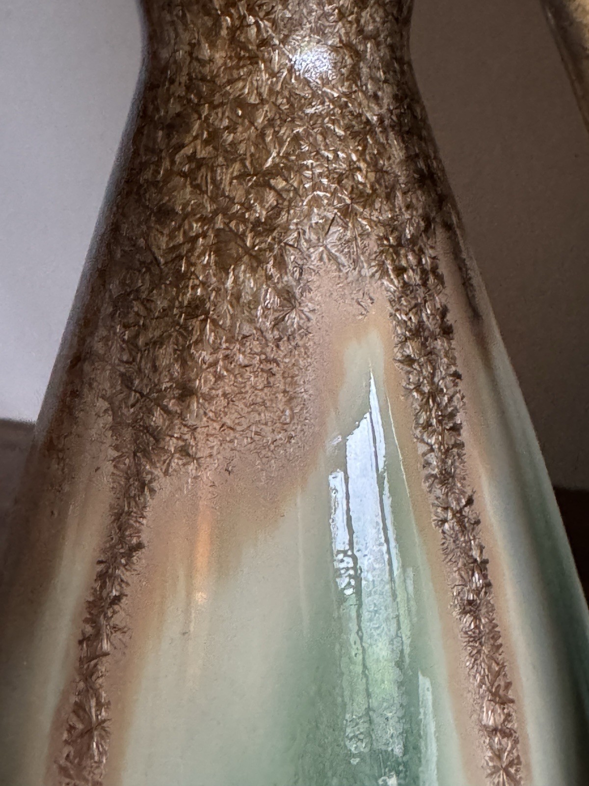 Vtg Art Pottery Vase 13” Decanter Drip Glaze Crystalline Aurora Borealis Signed