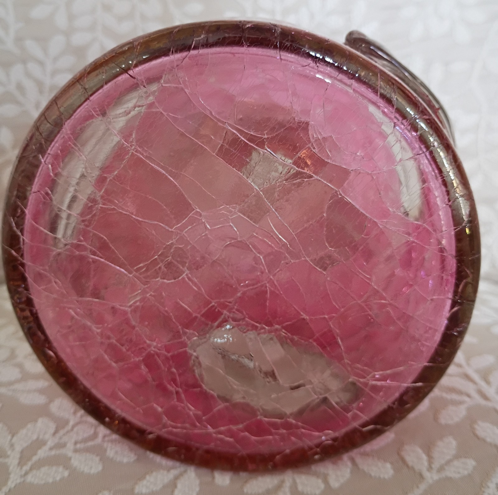 Blenko MCM Pink Crackle Glass Decanter with Pink Stopper Applied Leaf Vintage