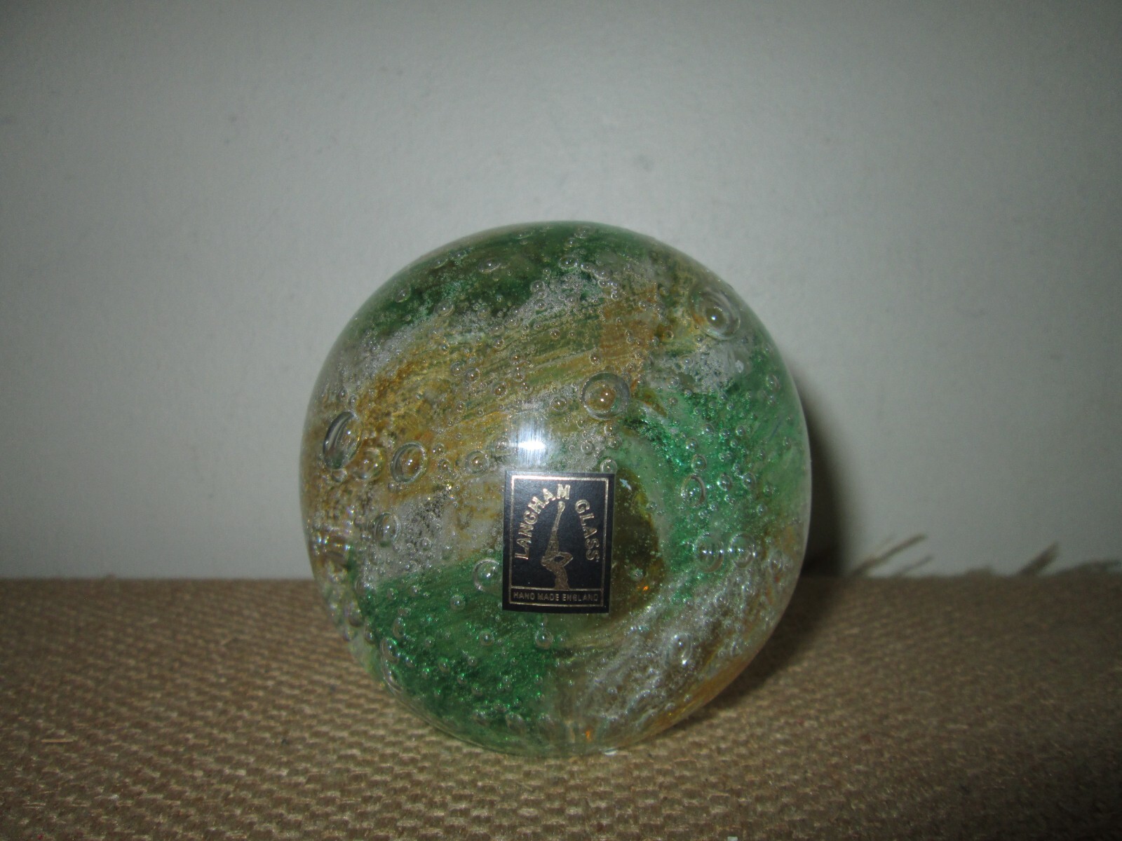 Signed LANGHAM GLASS Clear Yellow Green Blown Glass Round Orb Paperweight