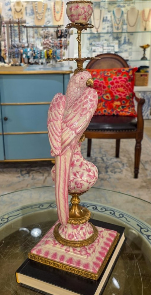 Antique Style Pink Parrot Porcelain & Bronze Candlesticks-Candle Holders Pair