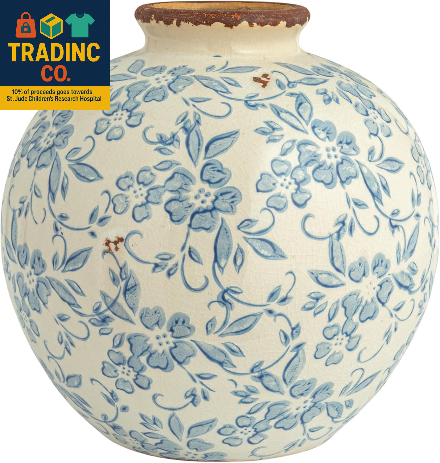 DF2720 8″ H Terracotta Floral Transferware Pattern & Crackle Finish Vase, Blue