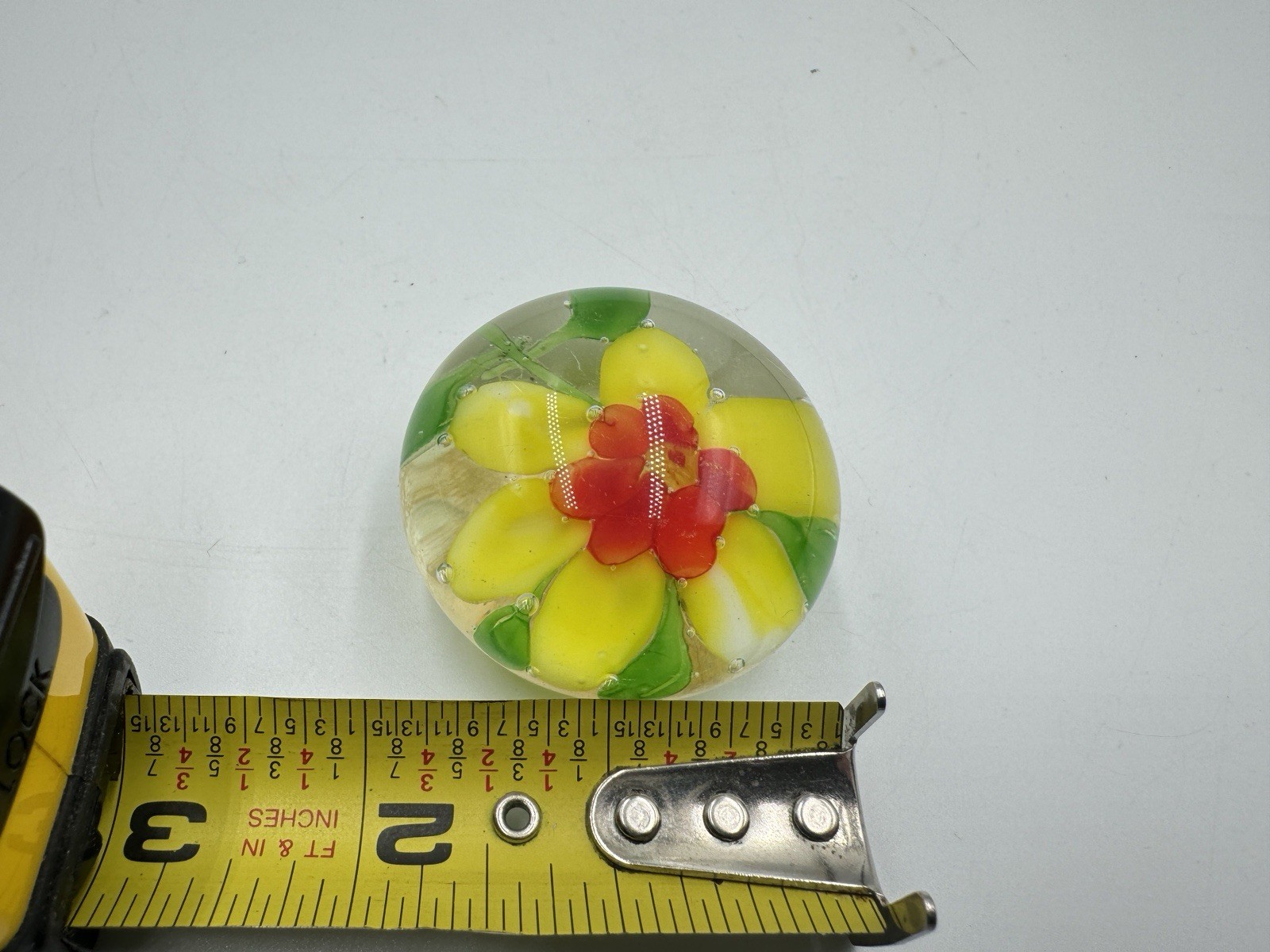 Vintage Orange Yellow Green Flower In Glass Paperweight Art Glass Decorative