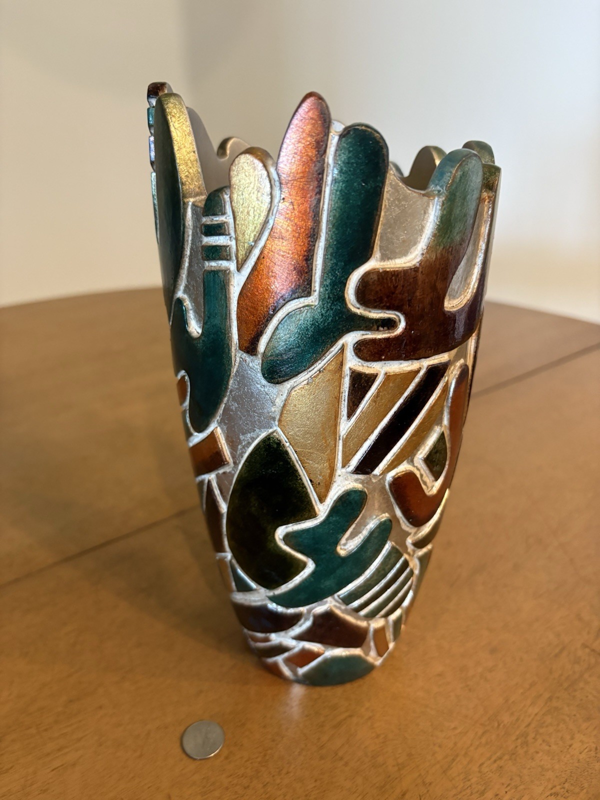 Mod Abstract Picassoesque Flower Vase Colorful Festival 9.75″ Metallic