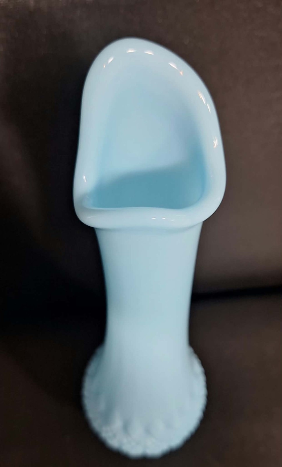 Fenton (Old Virginia Glass) Blue Milk Fine Cut & Block 12″ Swung Vase