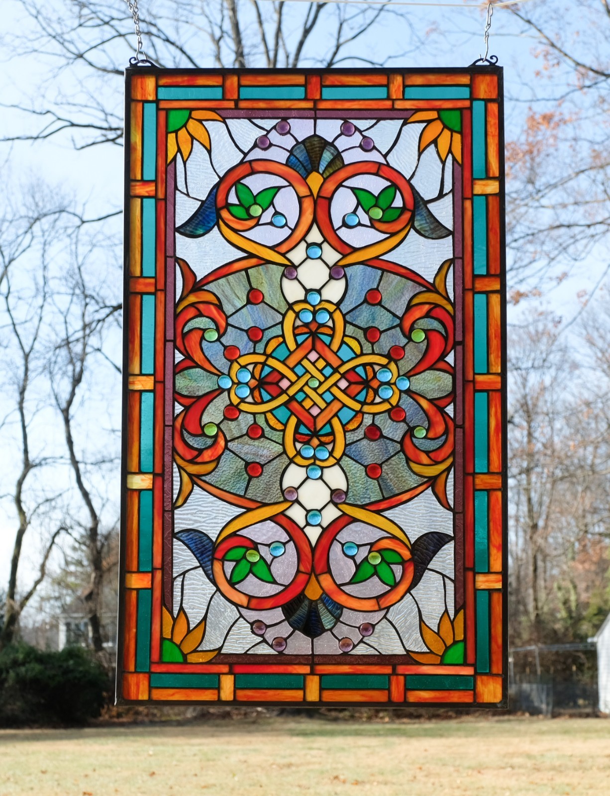 20″W x 33.75″H Jeweled Tiffany Style stained glass window panel glass panel.H373