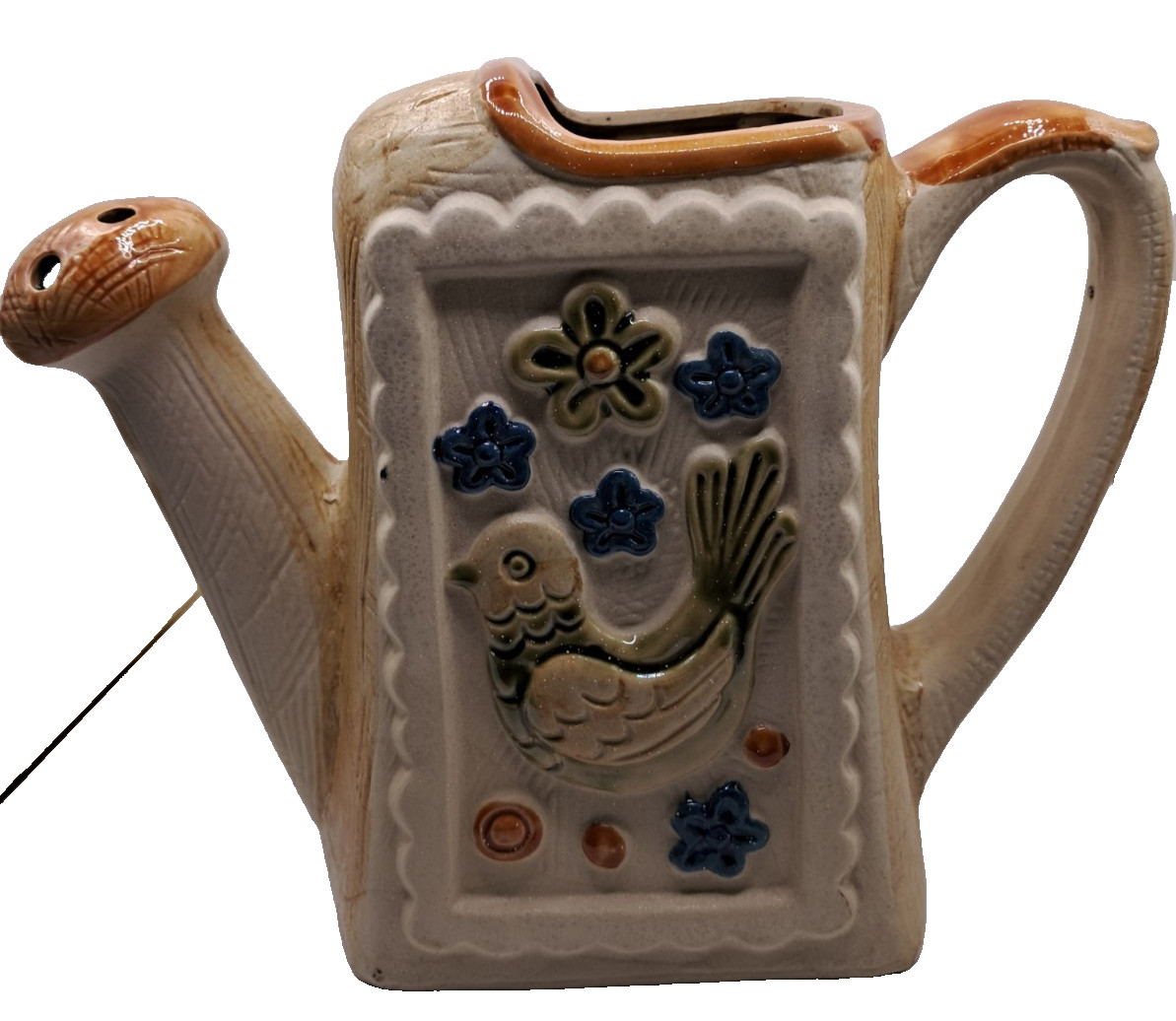 Vintage Retro Glazed Bird and Floral Ceramic Watering Can Flower Vase 7″ Tall